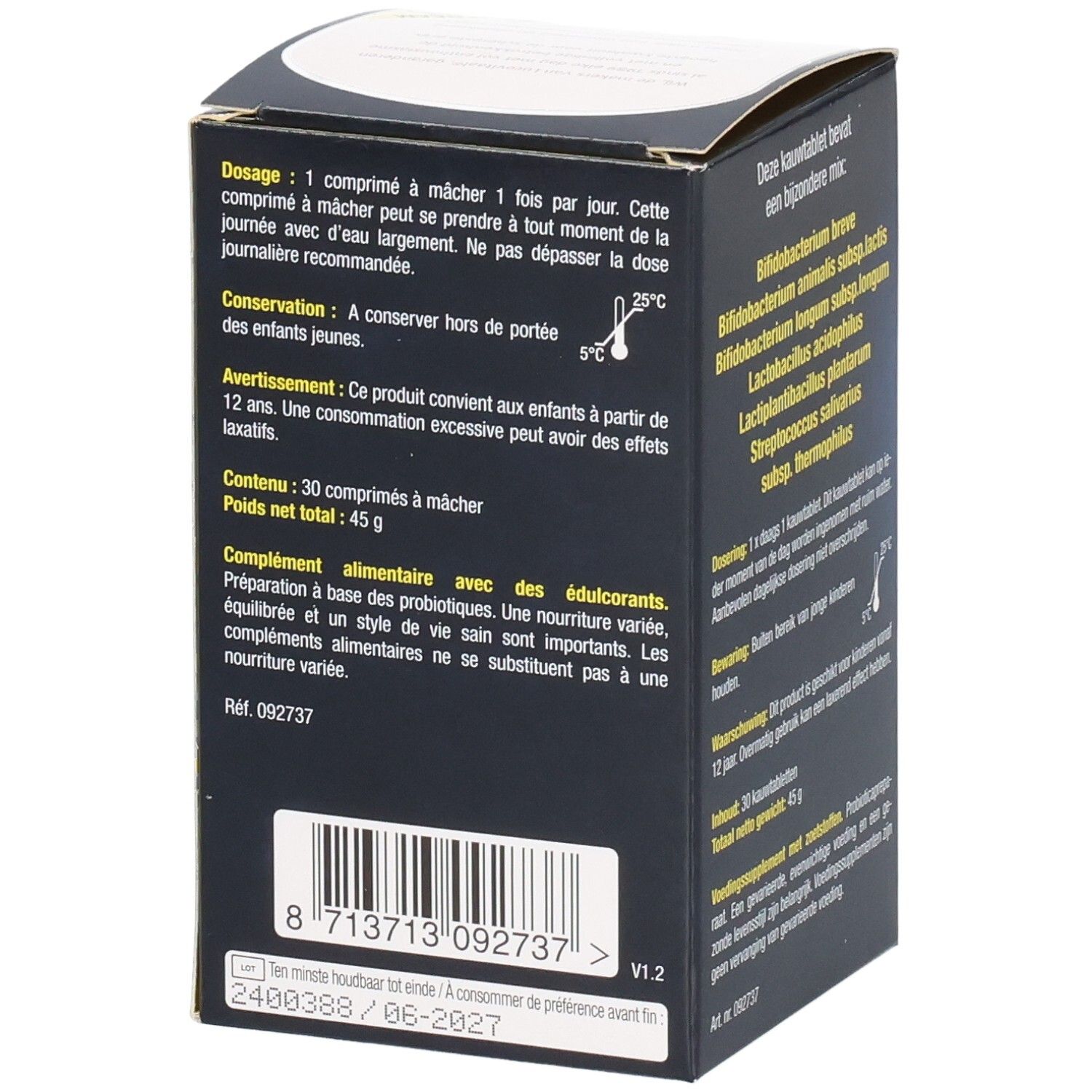 Achterkant van de BioticoMel verpakking. Bevat informatie over ingrediënten en dosering. Zwarte achtergrond.