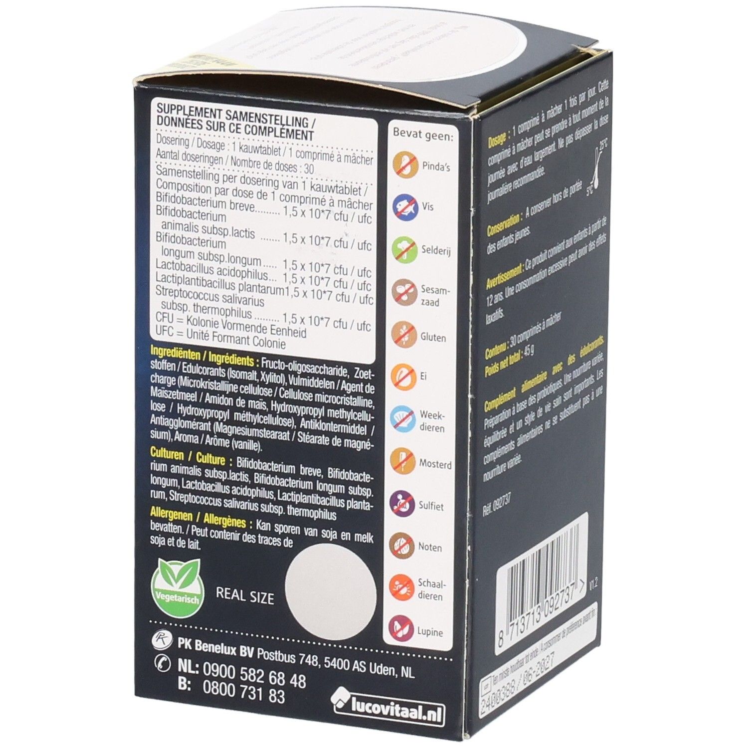 Zijkant van de BioticoMel verpakking. Bevat informatie over ingrediënten en allergenen. Zwarte achtergrond.