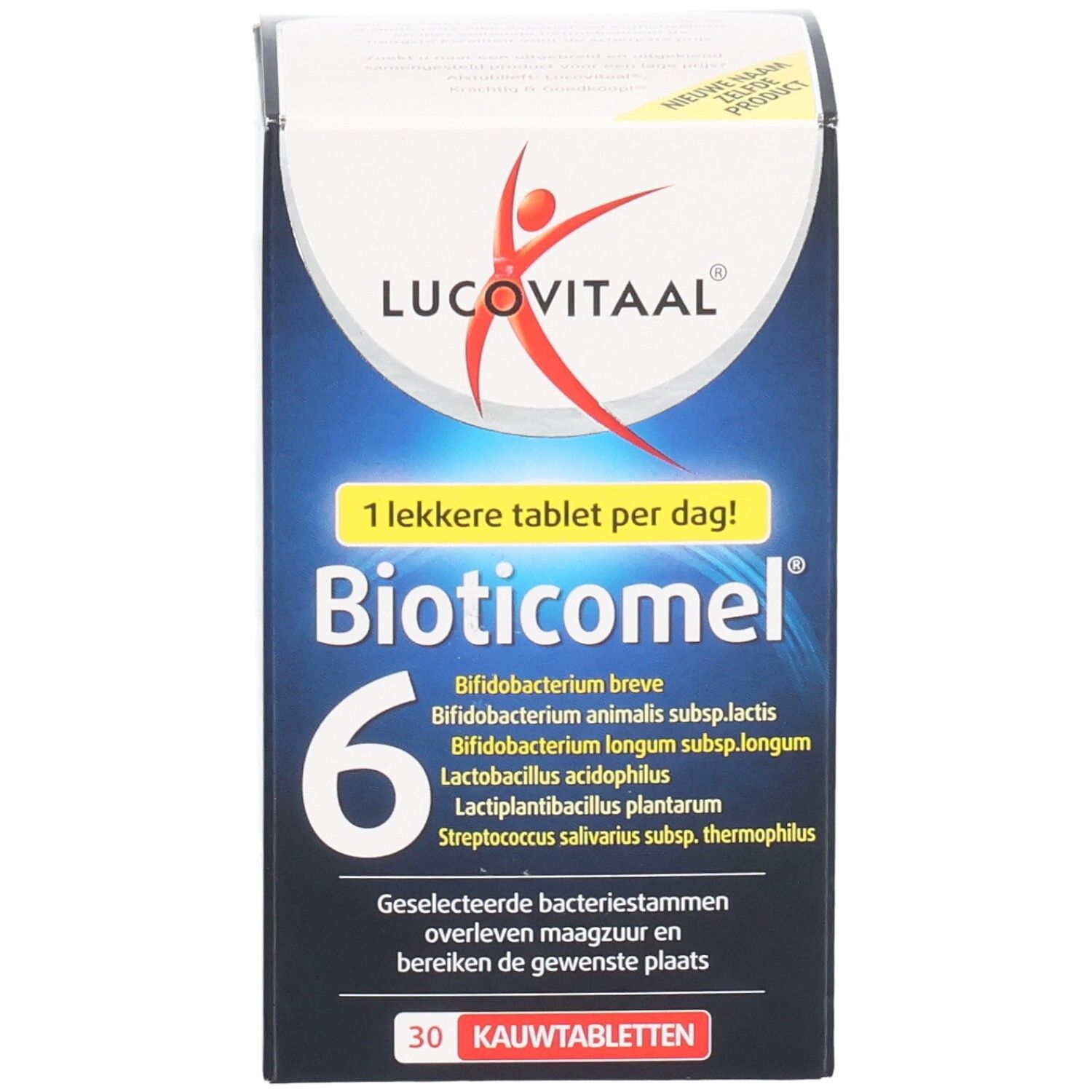 Doosje BioticoMel. Blauw en wit doosje met productnaam en logo. Bevat 30 kauwtabletten.