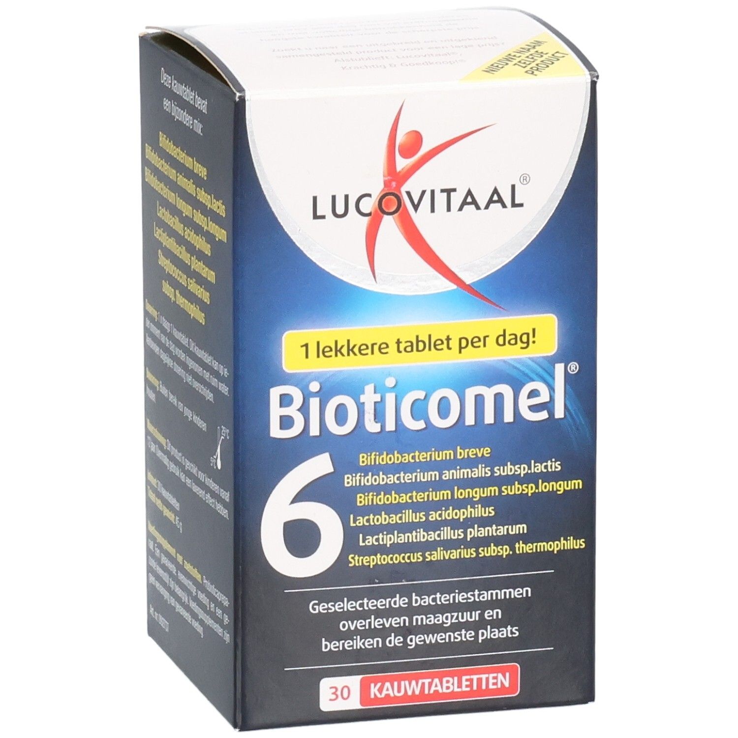 Doosje BioticoMel. Blauw en wit doosje met productnaam en logo. Bevat 30 kauwtabletten.