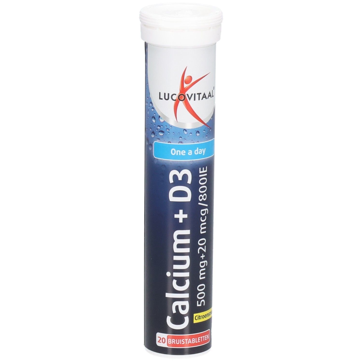 Tube cylindrique de comprimés effervescents Calcium + D3. Marque Lucovitaal. Contient 20 comprimés. Emballage bleu et blanc.