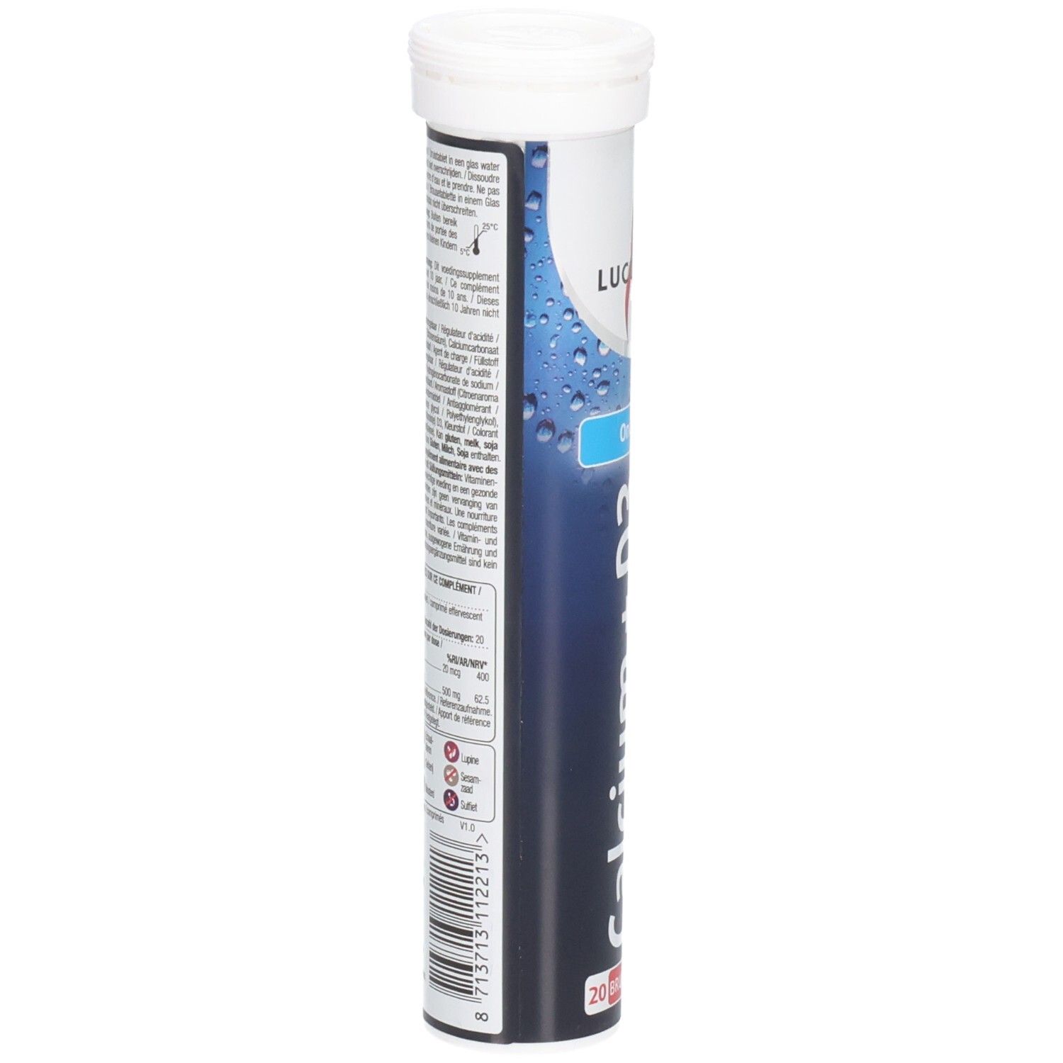 Tube cylindrique de comprimés effervescents Calcium + D3. Dos avec texte. Marque Lucovitaal. Emballage bleu et blanc.