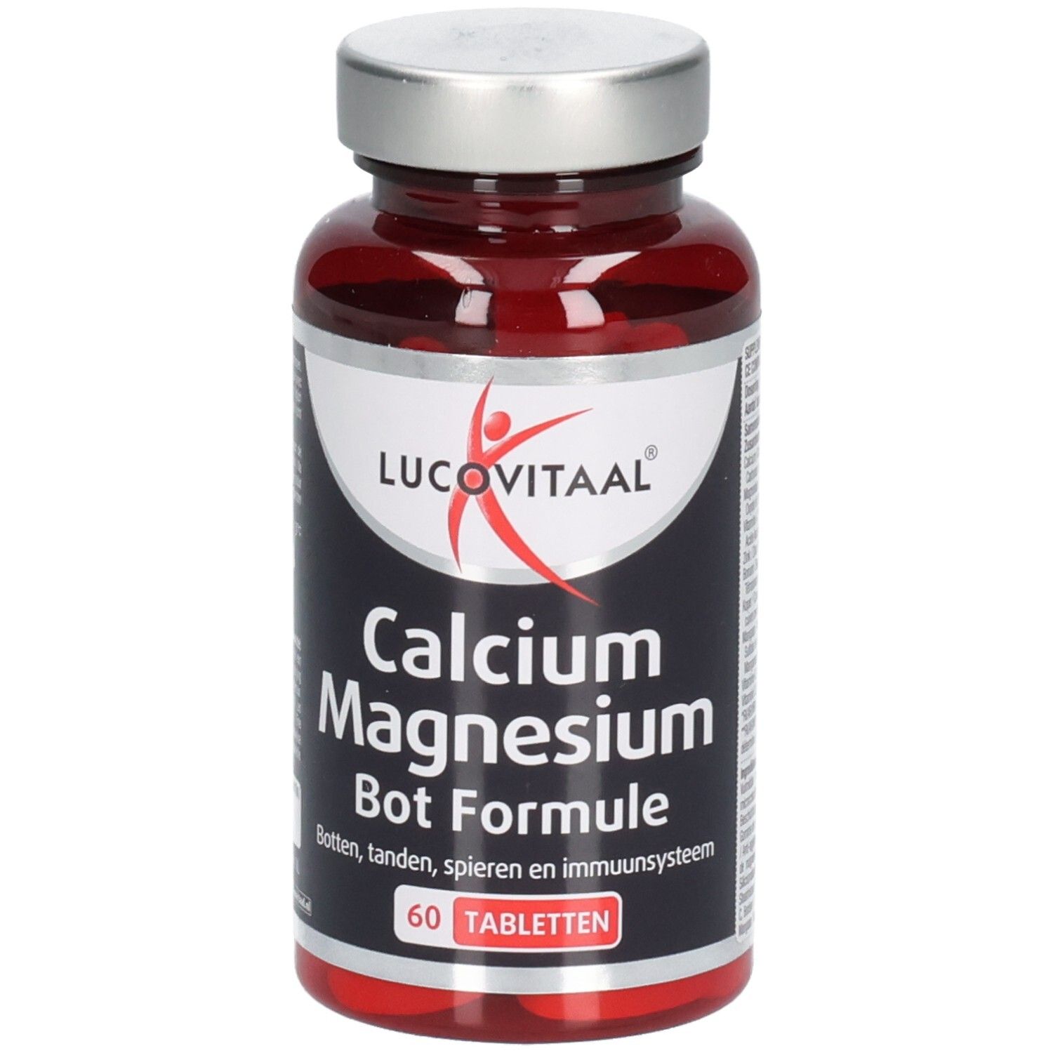 Rode tablettenfles met zilveren dop. Opschrift: Lucovitaal Calcium Magnesium Bone Formula. 60 tabletten.