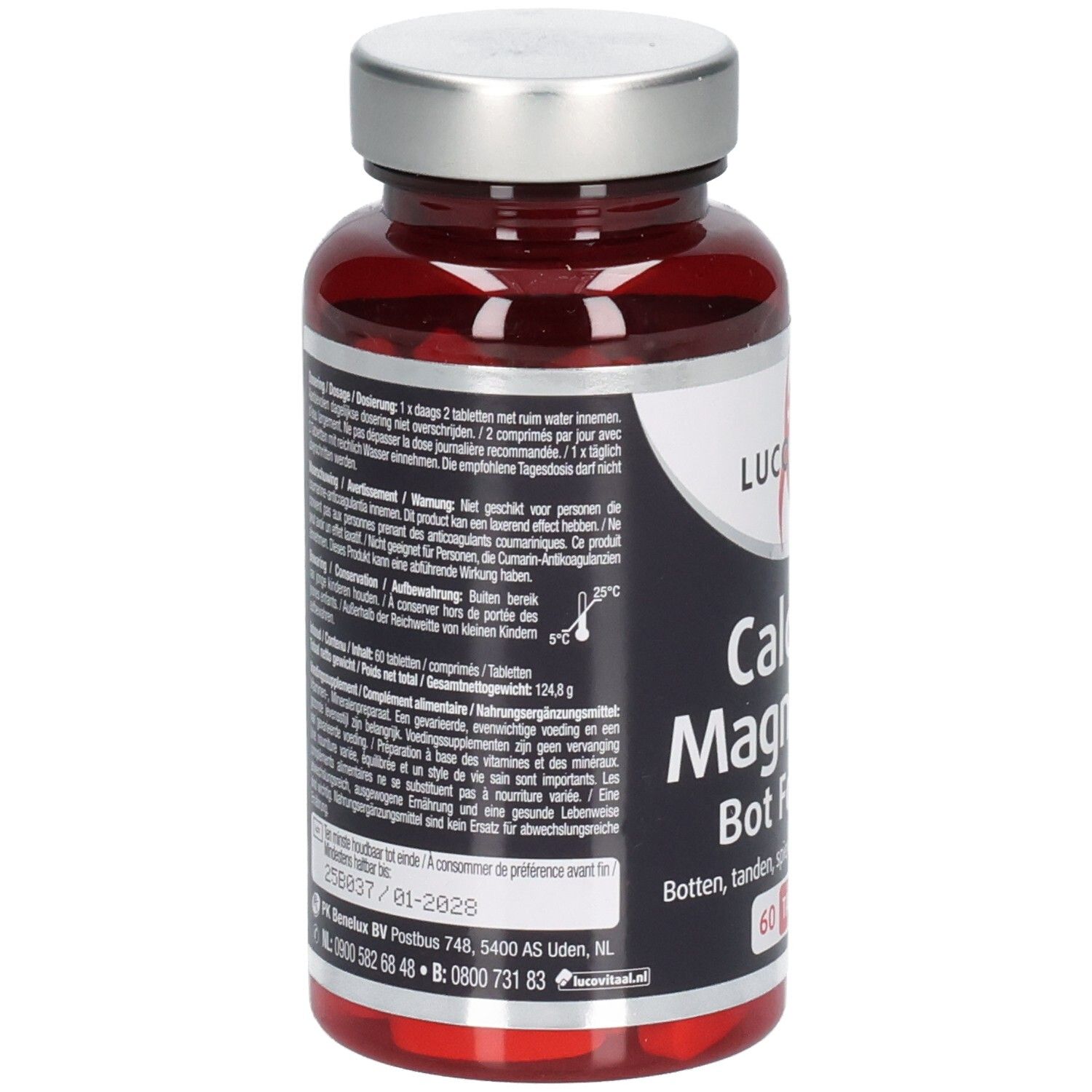 Achterkant van de tablettenfles. Tekstinformatie, waaronder dosering en ingrediënten. 60 tabletten.