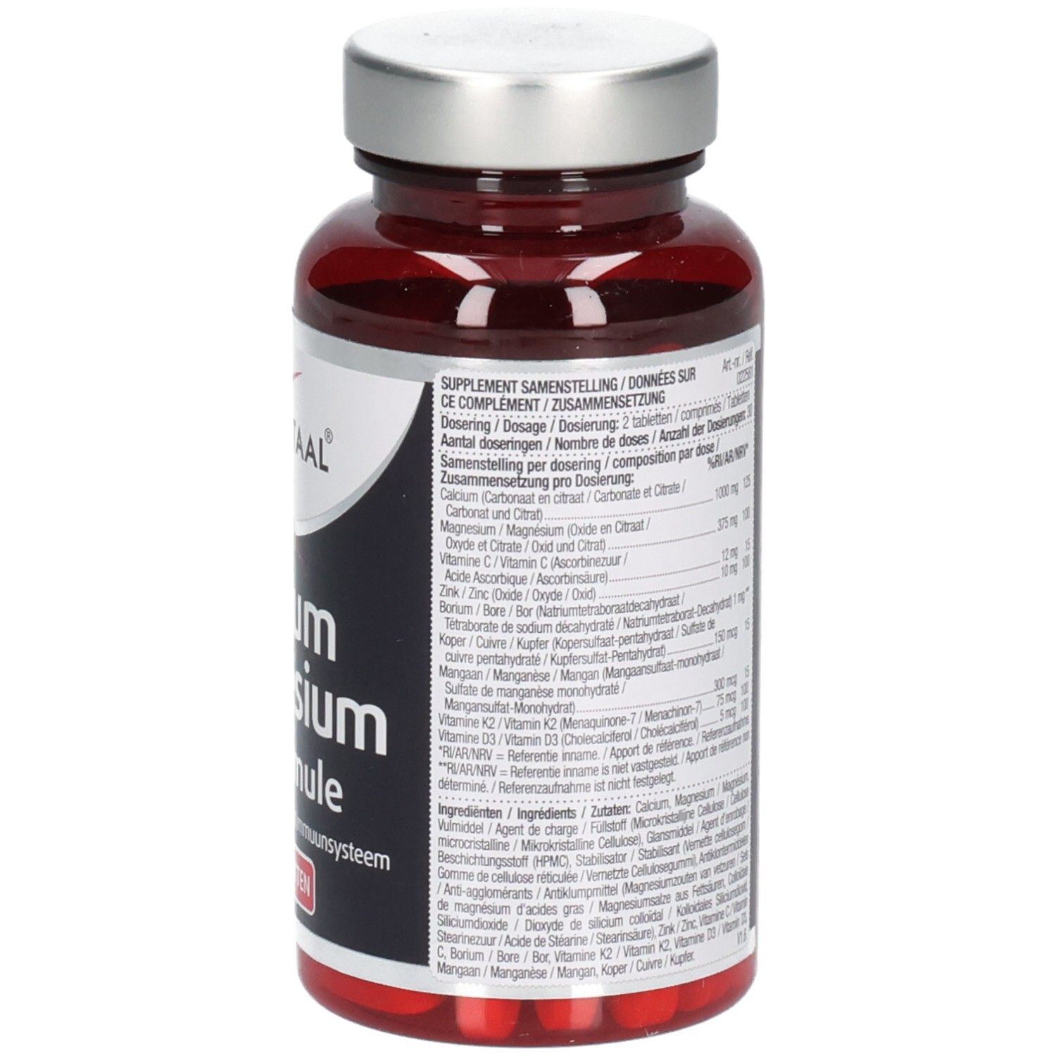 Achterkant van de tablettenfles. Tekstinformatie, waaronder ingrediënten en voedingswaarden. 60 tabletten.