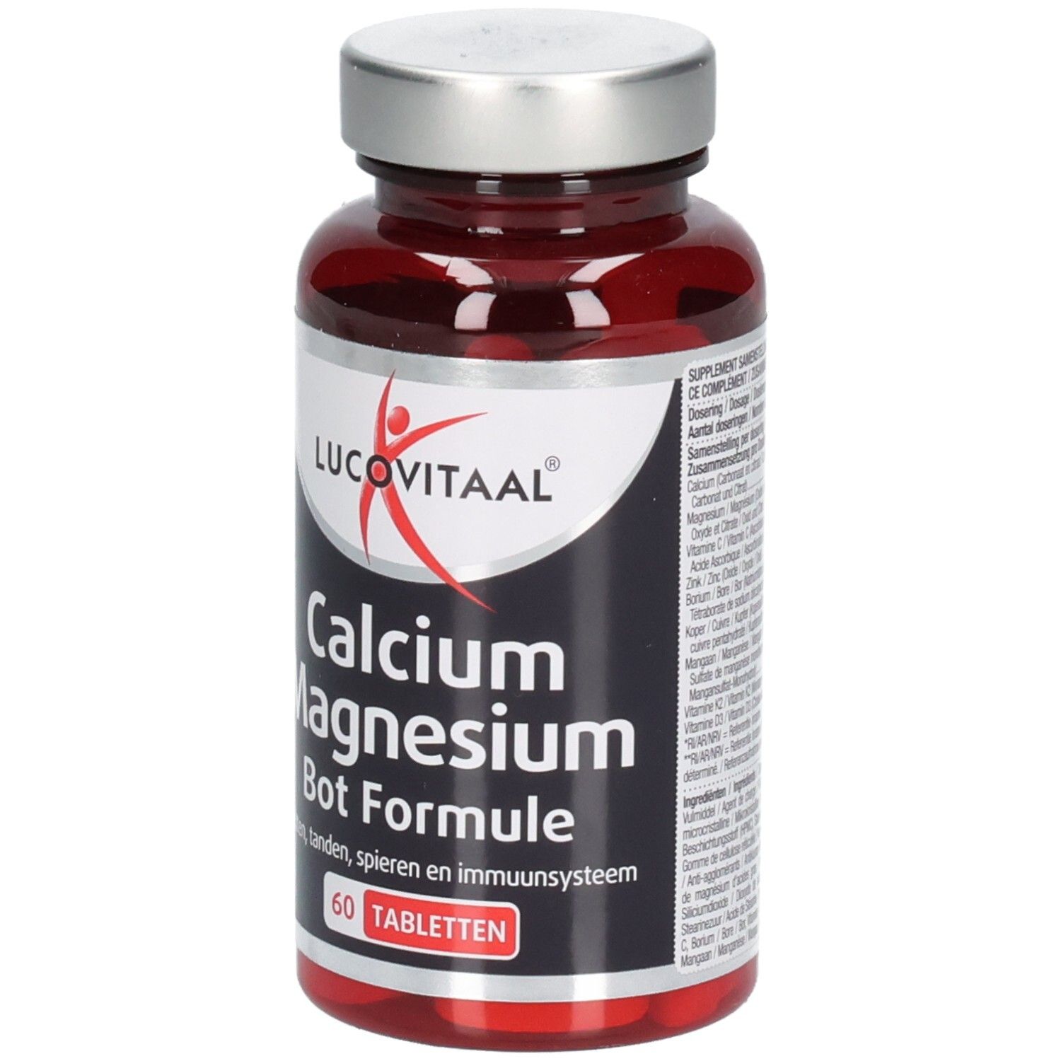 Rode tablettenfles met zilveren dop. Opschrift: Lucovitaal Calcium Magnesium Bone Formula. 60 tabletten.