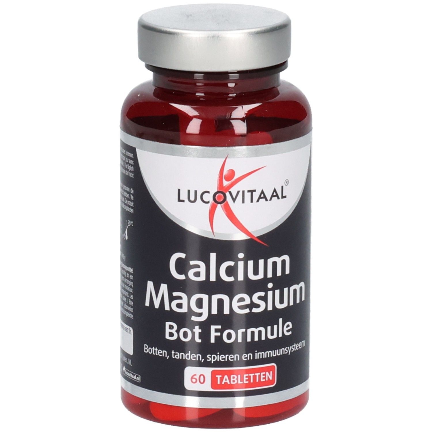 Rode tablettenfles met zilveren dop. Opschrift: Lucovitaal Calcium Magnesium Bone Formula. 60 tabletten.