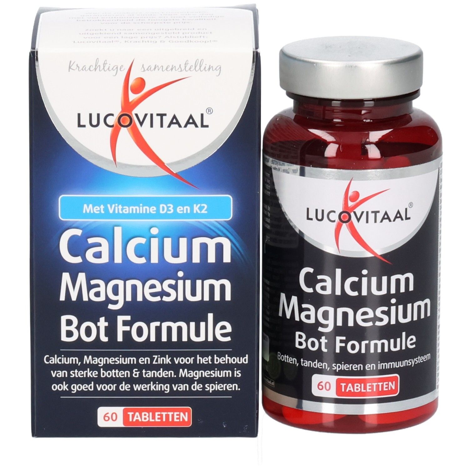 Productverpakking en tablettenfles. Opschrift: Lucovitaal Calcium Magnesium Bone Formula. 60 tabletten.