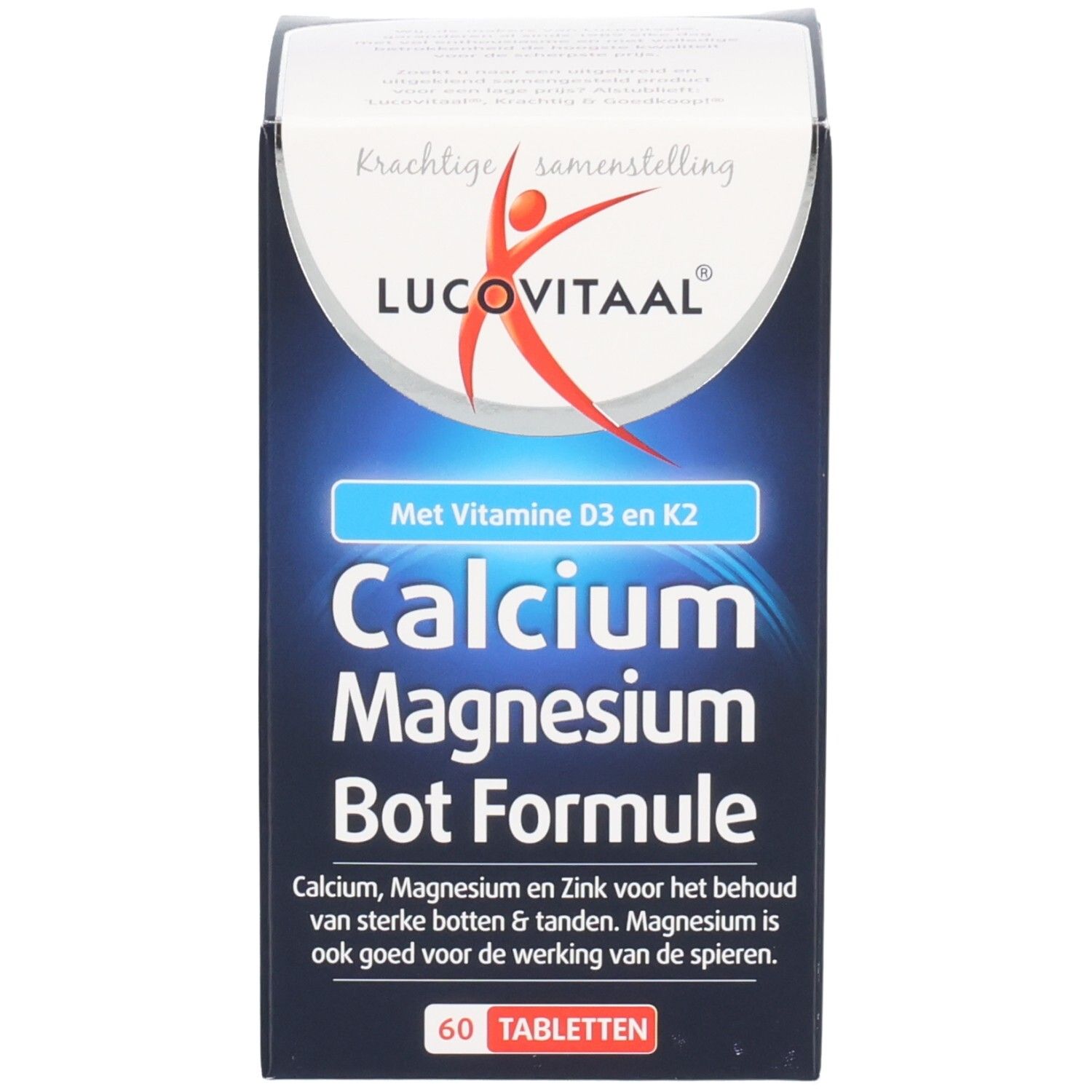 Productverpakking. Opschrift: Lucovitaal Calcium Magnesium Bone Formula. Bevat vitamine D3 en K2. 60 tabletten.