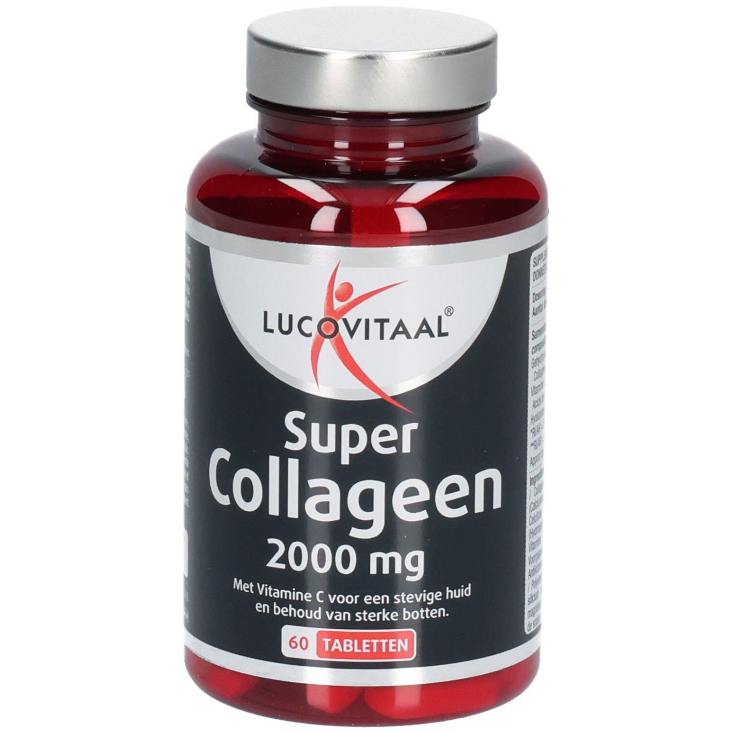Flacon de comprimés rouges avec bouchon argenté. Inscription: Lucovitaal Super Collageen 2000 mg. 60 comprimés.