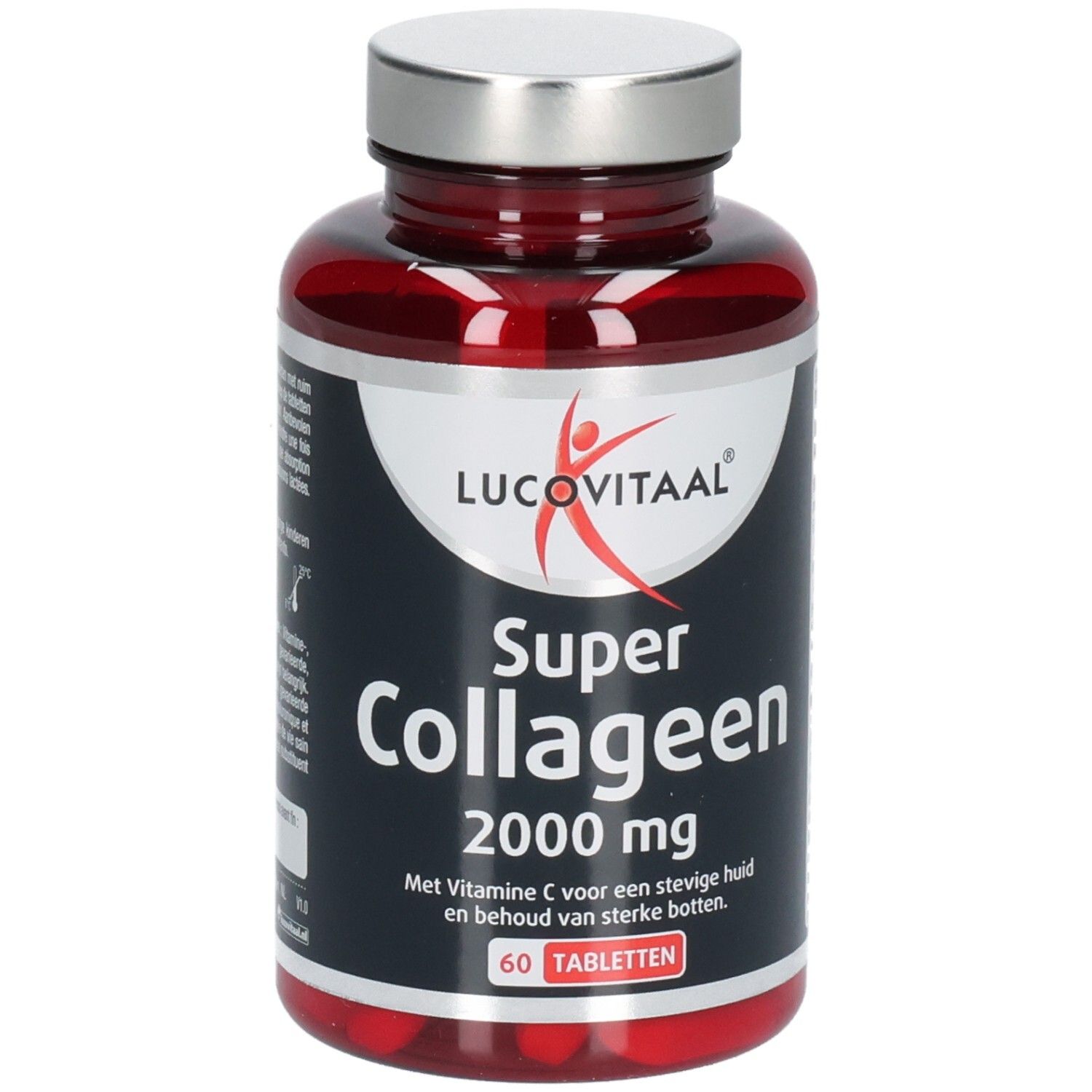 Flacon de comprimés rouges avec bouchon argenté. Inscription: Lucovitaal Super Collageen 2000 mg. 60 comprimés.