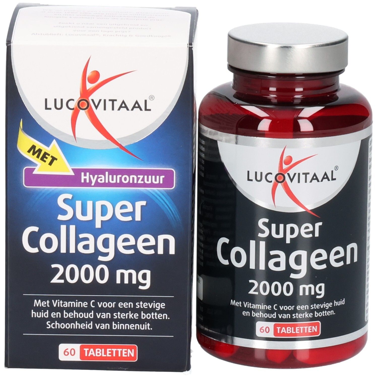 Emballage et flacon. Inscription: Lucovitaal Super Collageen 2000 mg. 60 comprimés. Avec acide hyaluronique.
