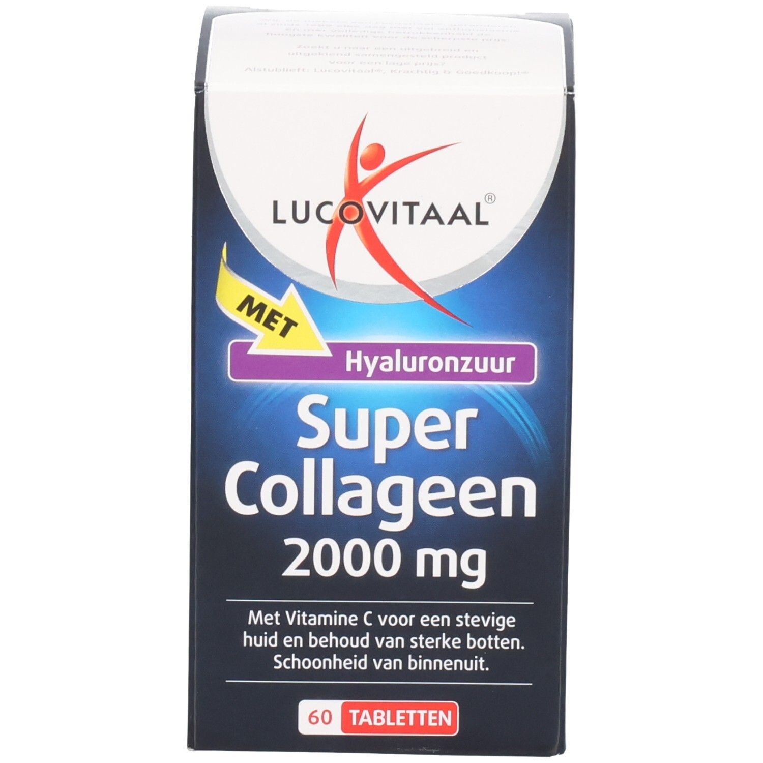 Emballage du produit. Inscription: Lucovitaal Super Collageen 2000 mg. 60 comprimés. Avec acide hyaluronique.