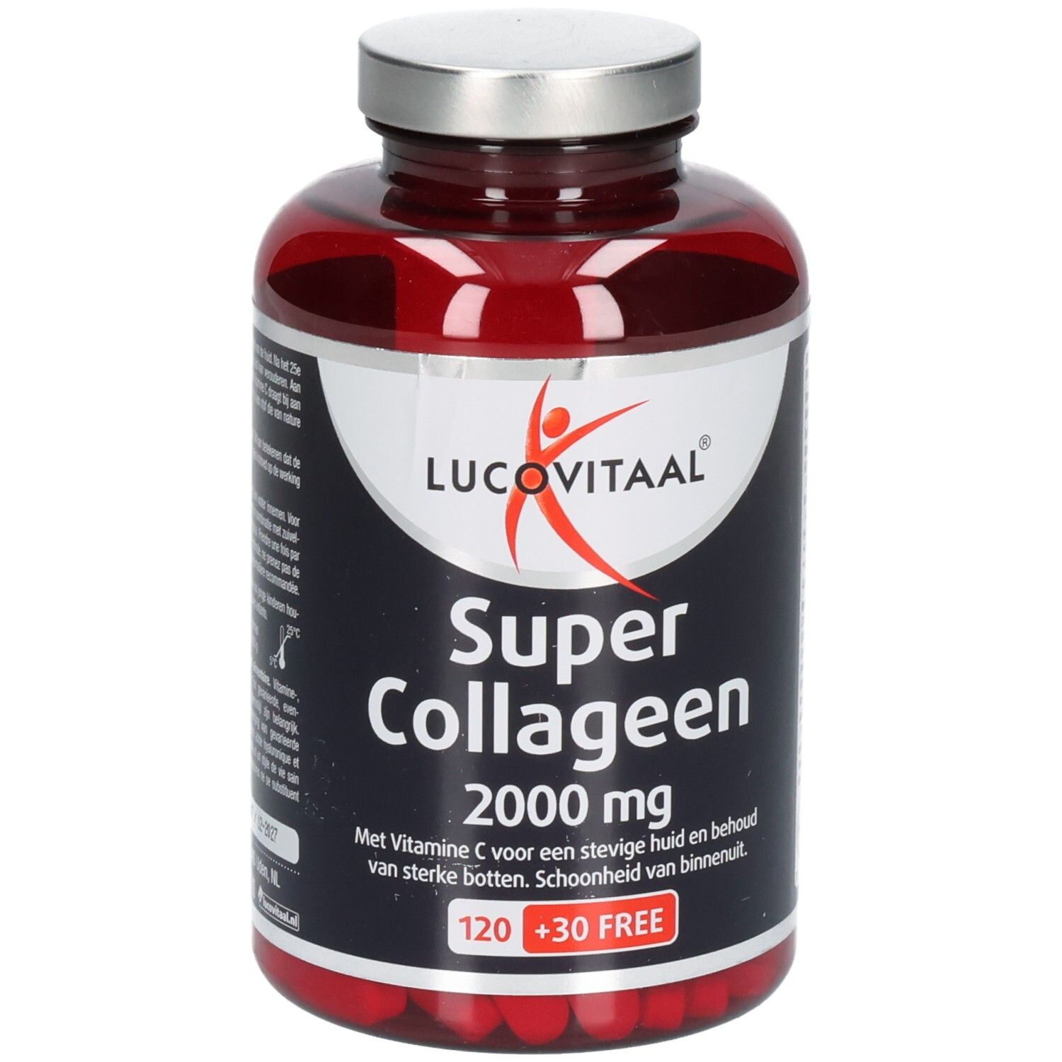 Rode fles met zilveren dop. Opschrift: Lucovitaal Super Collageen 2000 mg. 120 + 30 GRATIS.