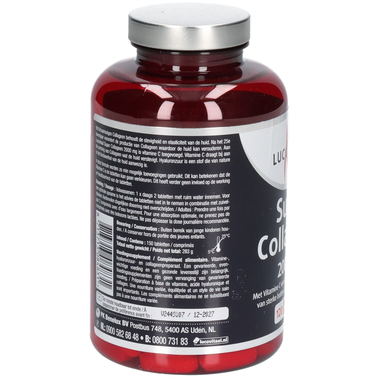 Rode fles met zilveren dop. Achterkant met tekst. Merk: Lucovitaal. Product: Super Collageen 2000 mg.