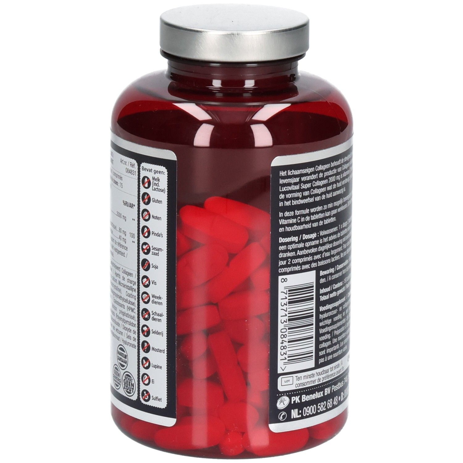 Rode fles met zilveren dop. Rode capsules zichtbaar. Merk: Lucovitaal. Product: Super Collageen.