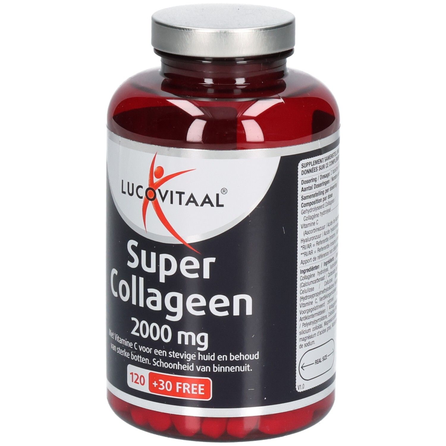 Rode fles met zilveren dop. Opschrift: Lucovitaal Super Collageen 2000 mg. 120 + 30 GRATIS.