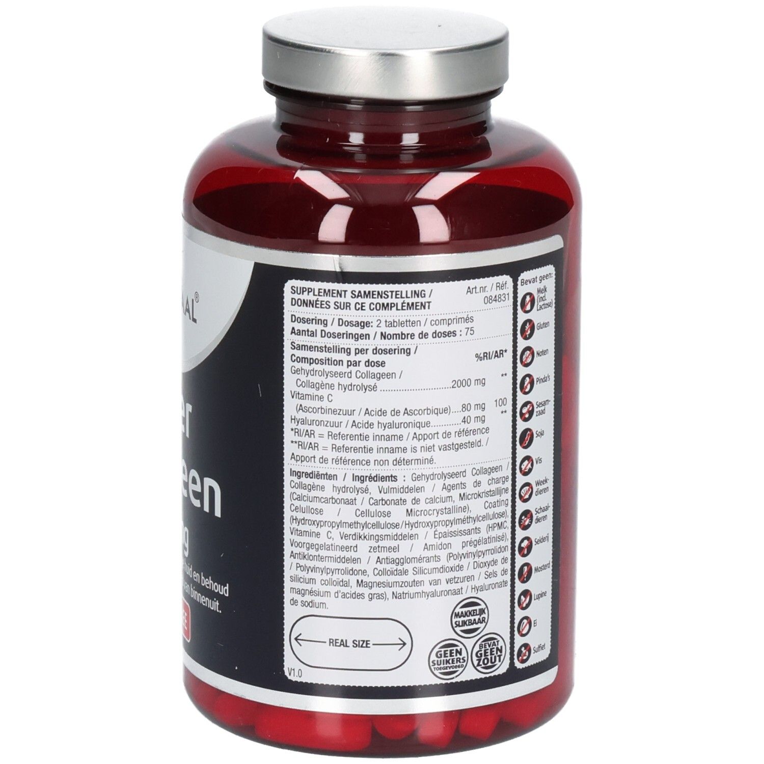 Rode fles met zilveren dop. Achterkant met tekst. Merk: Lucovitaal. Product: Super Collageen 2000 mg.