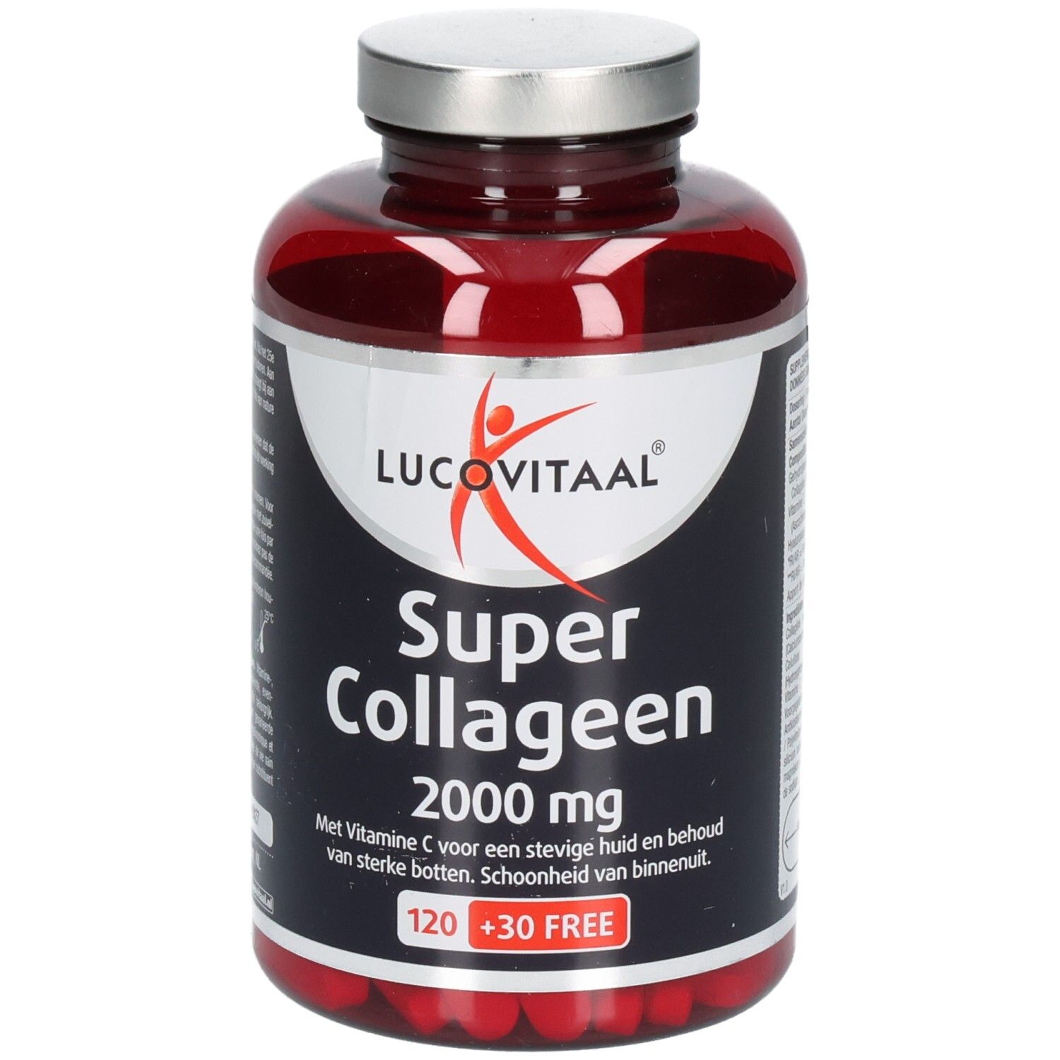 Rode fles met zilveren dop. Opschrift: Lucovitaal Super Collageen 2000 mg. 120 + 30 GRATIS.