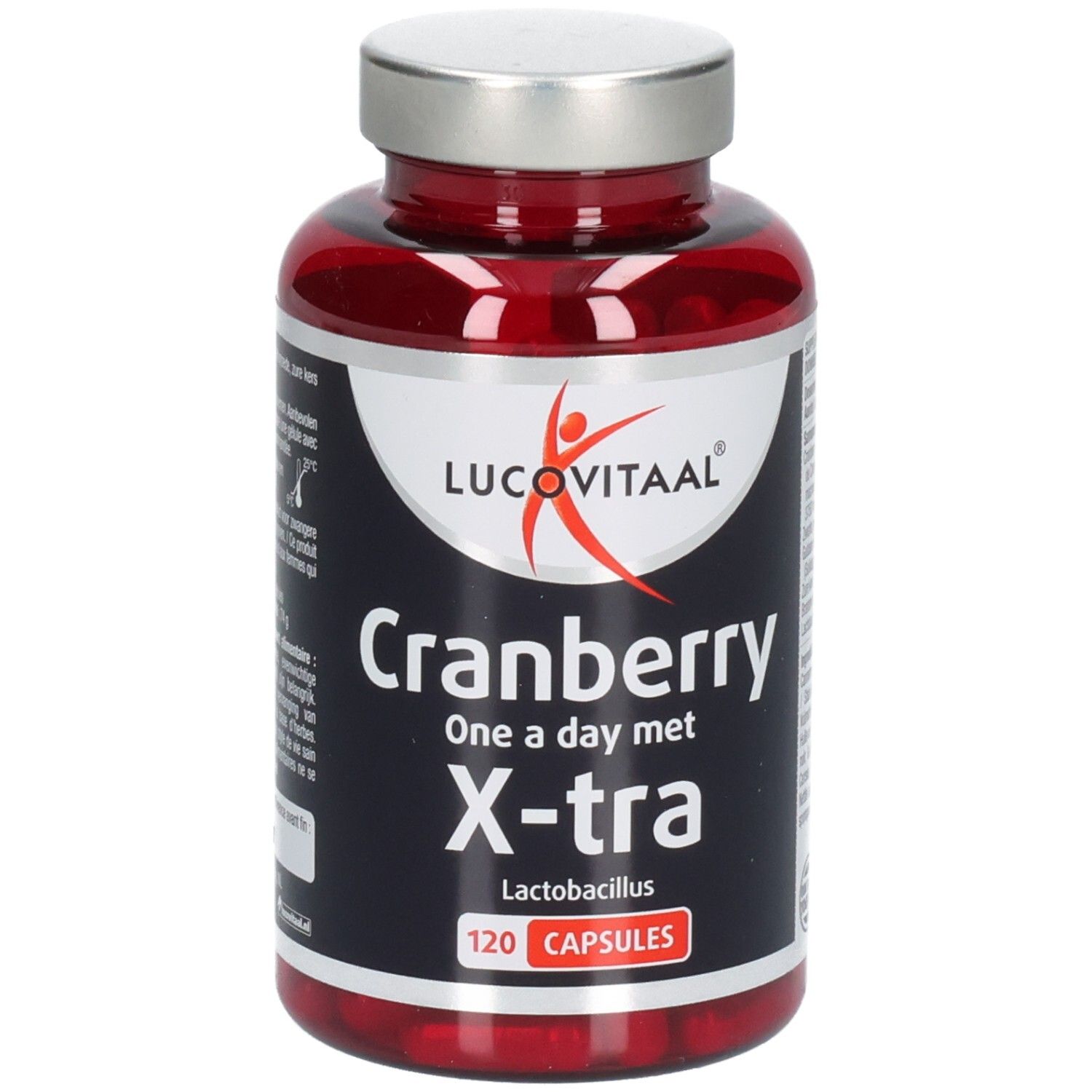 Rode capsules in een fles. Opschrift: Lucovitaal, Cranberry, X-tra Lactobacillus. 120 capsules.
