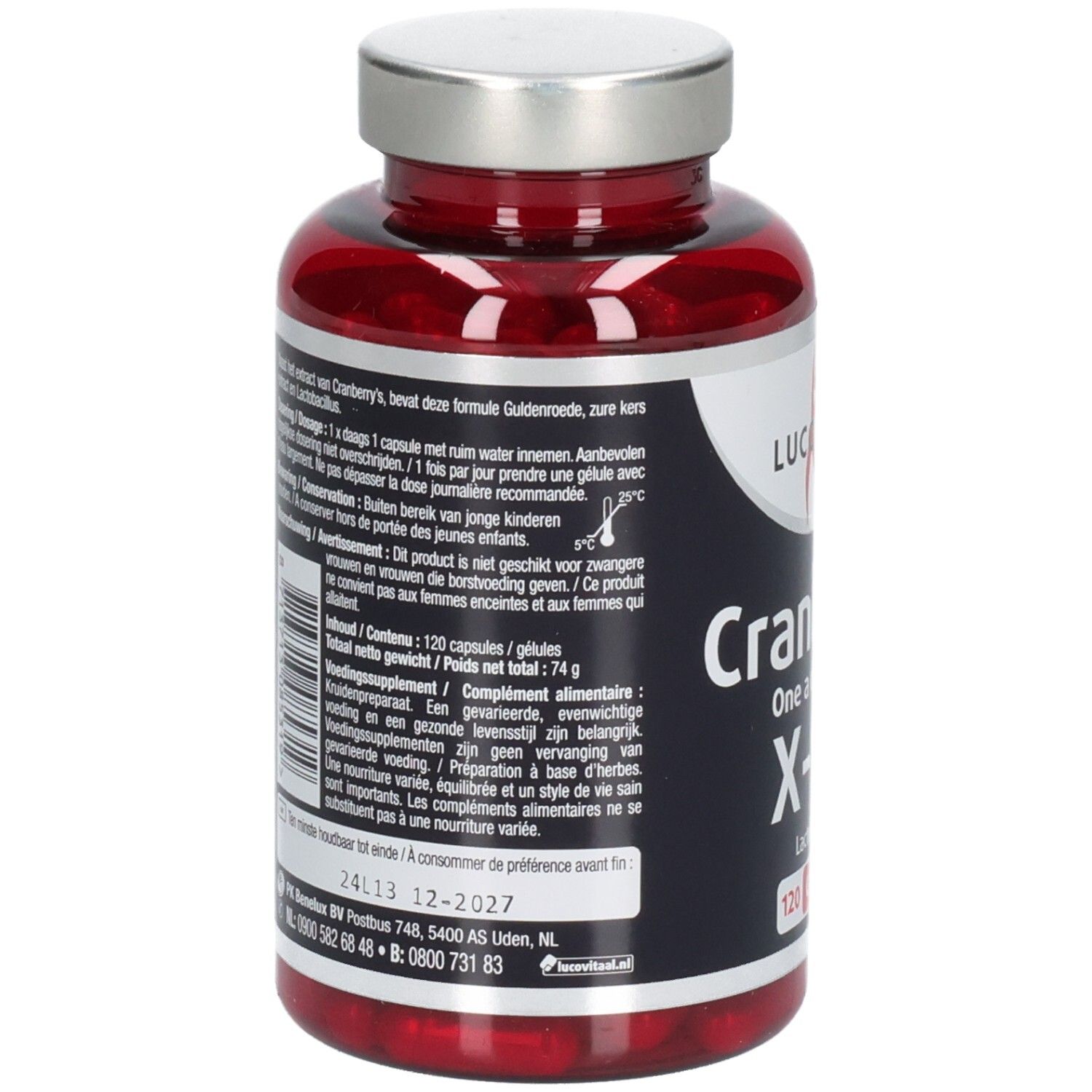 Achterkant van de fles met tekst. Bevat 120 capsules. Ten minste houdbaar tot 12-2027.