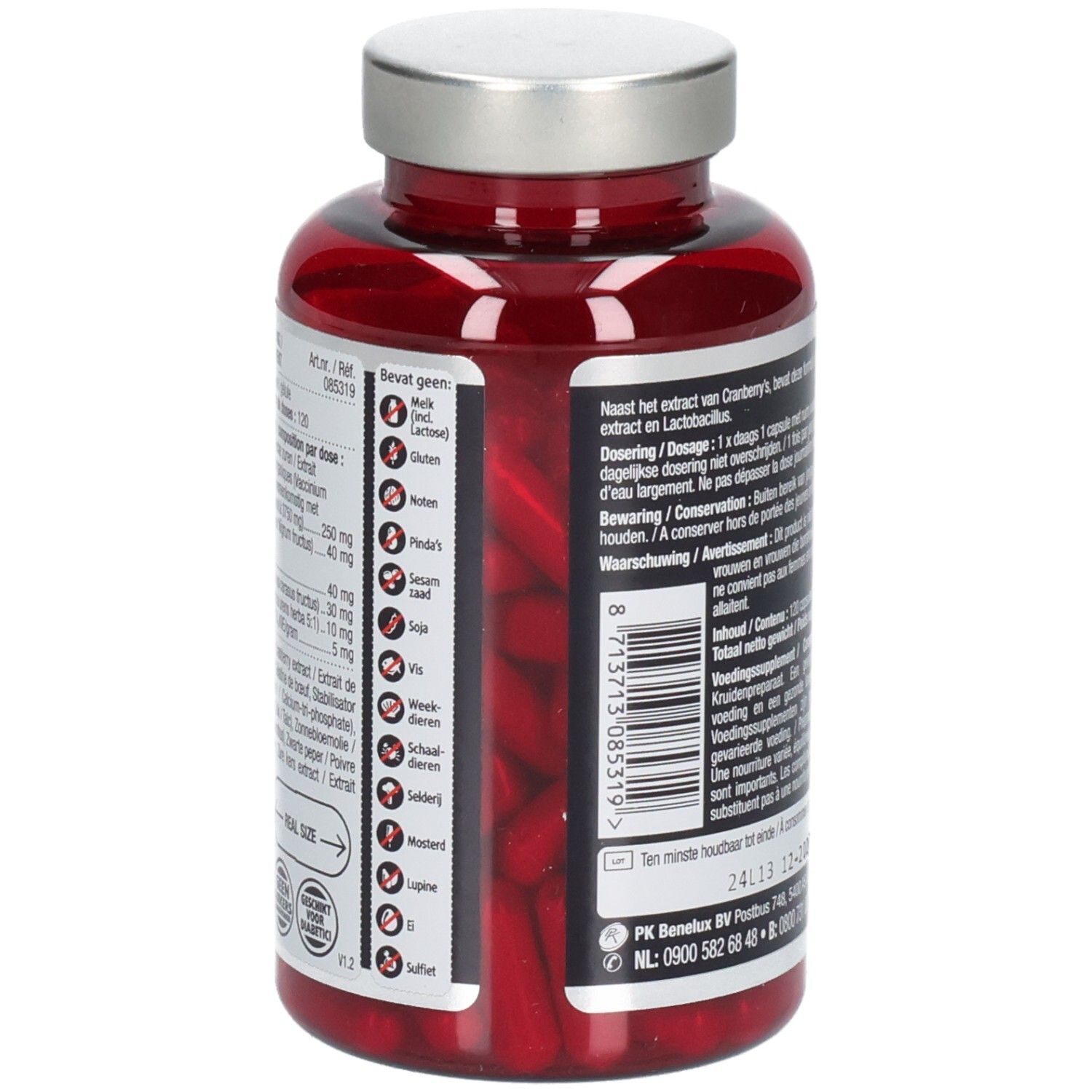 Achteraanzicht van de fles met rode capsules. Tekst en ingrediënten zichtbaar.