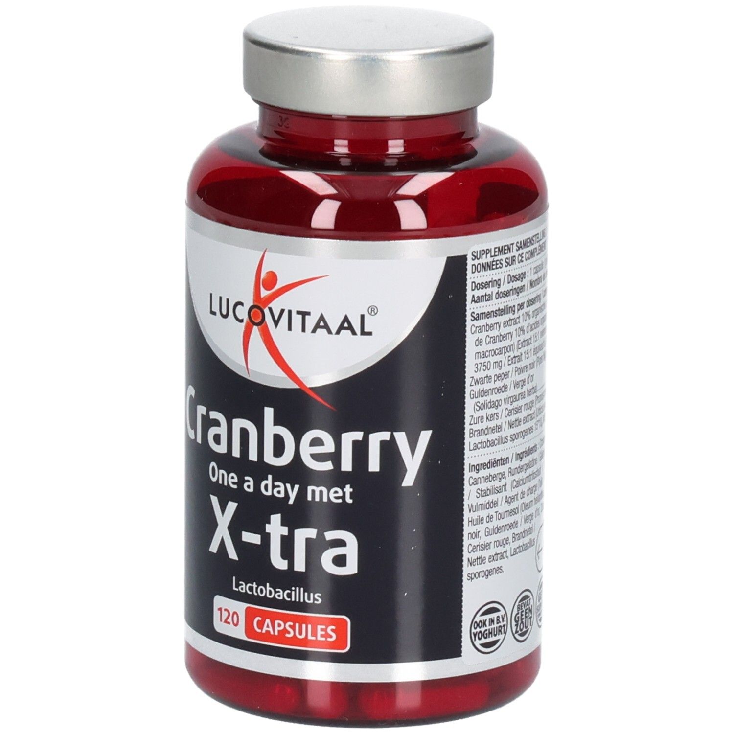 Rode capsules in een fles. Opschrift: Lucovitaal, Cranberry, X-tra Lactobacillus. 120 capsules.