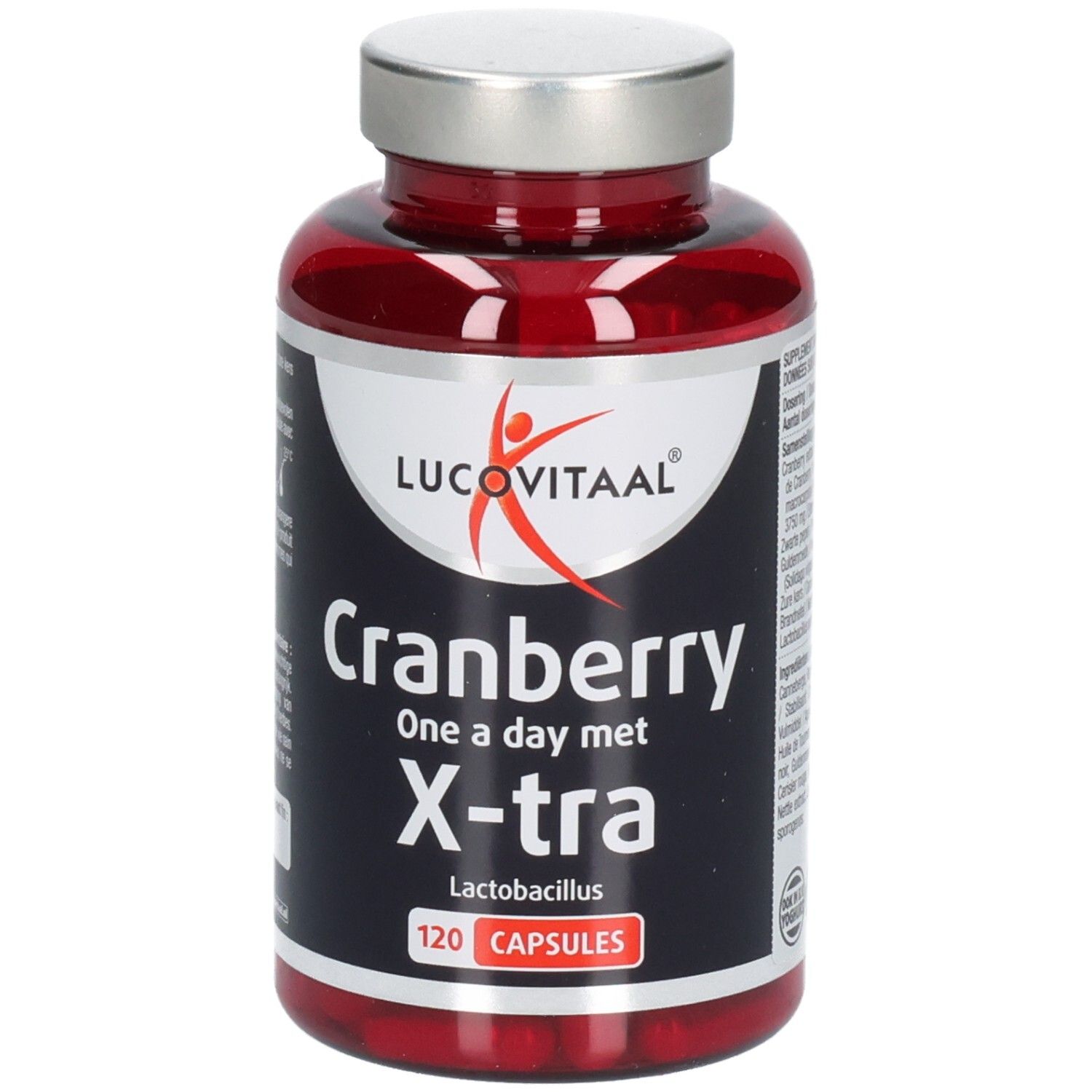 Rode capsules in een fles. Opschrift: Lucovitaal, Cranberry, X-tra Lactobacillus. 120 capsules.