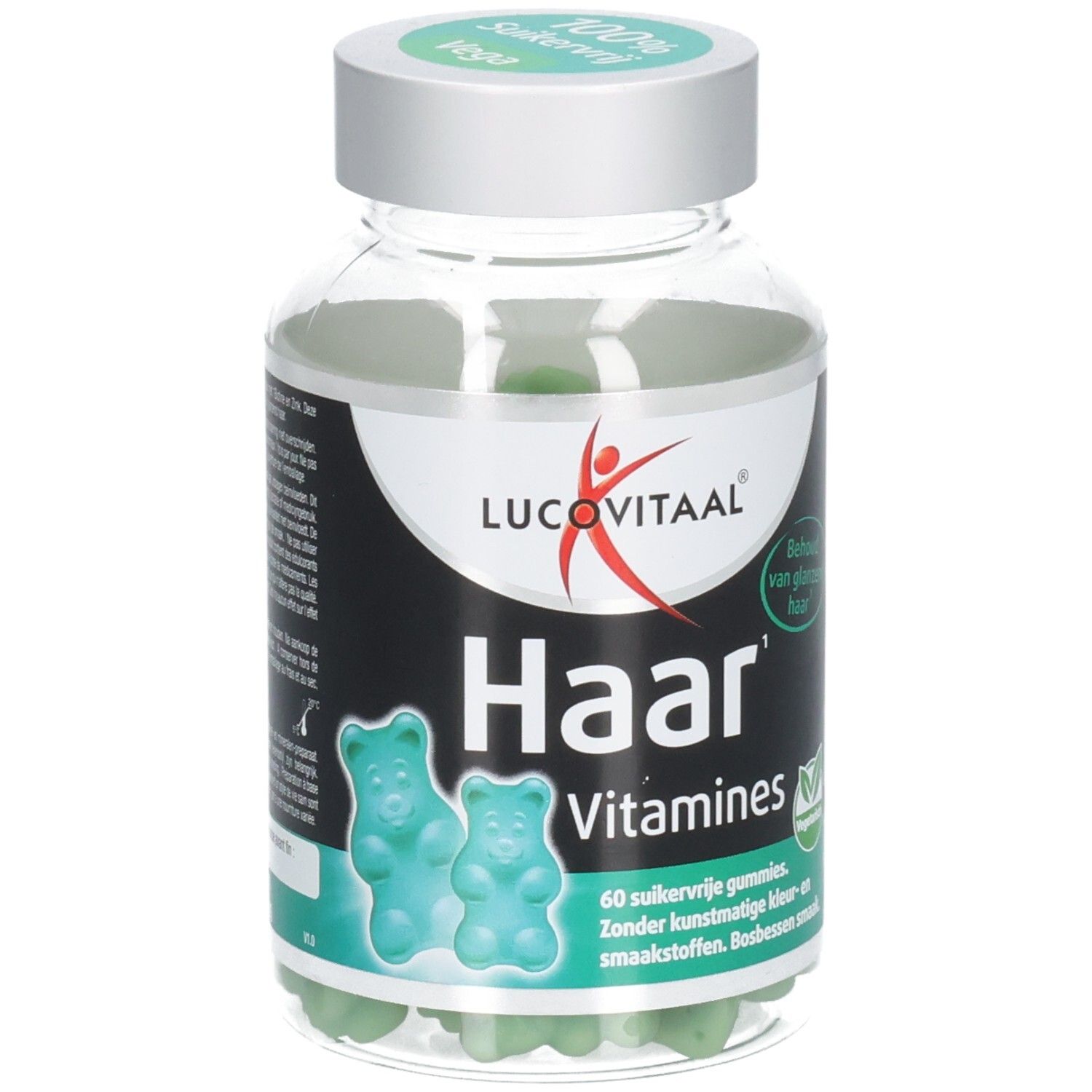 Transparante pot met groene gummies. Opschrift: Haar Vitaminen, Lucovitaal. 100% suikervrij, vegan.