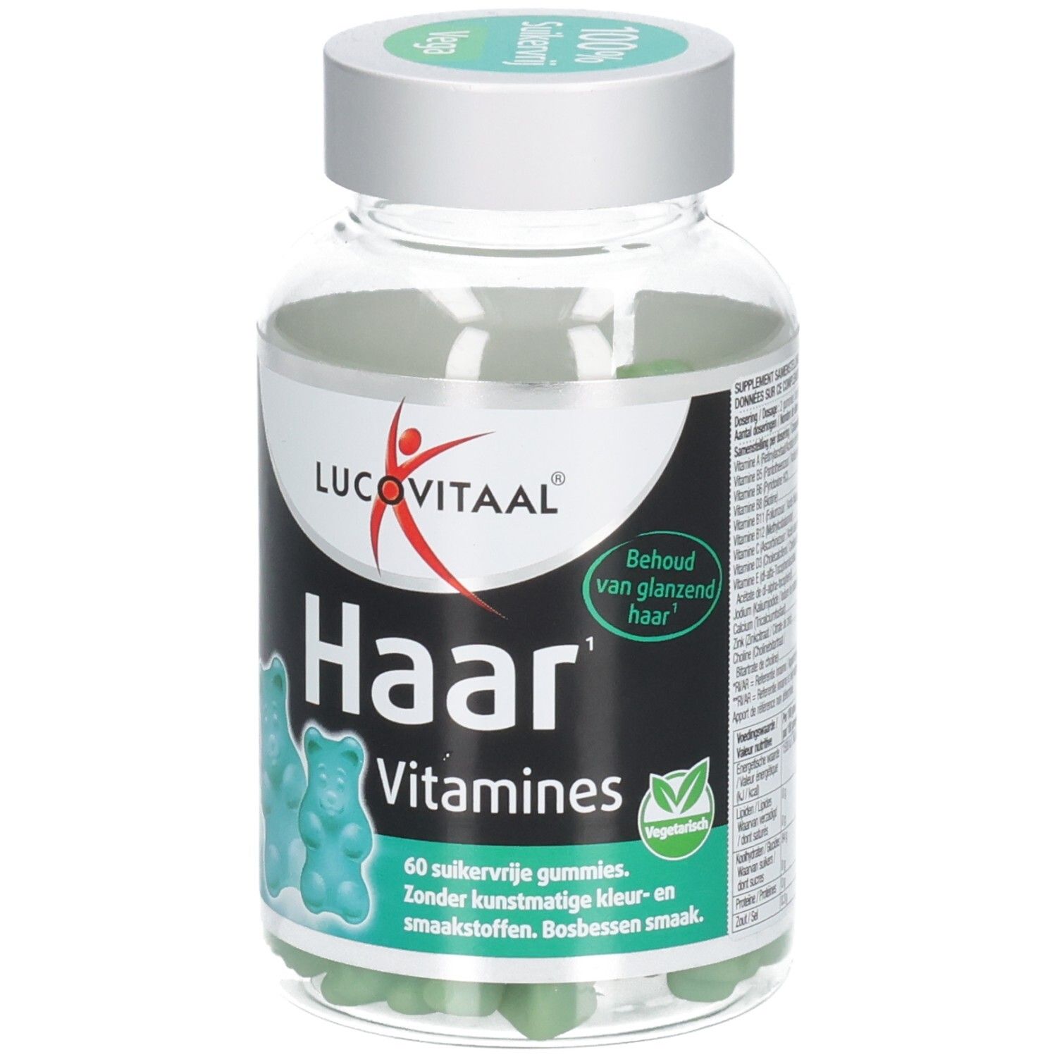 Transparante pot met groene gummies. Opschrift: Haar Vitaminen, Lucovitaal. Vegan keurmerk.