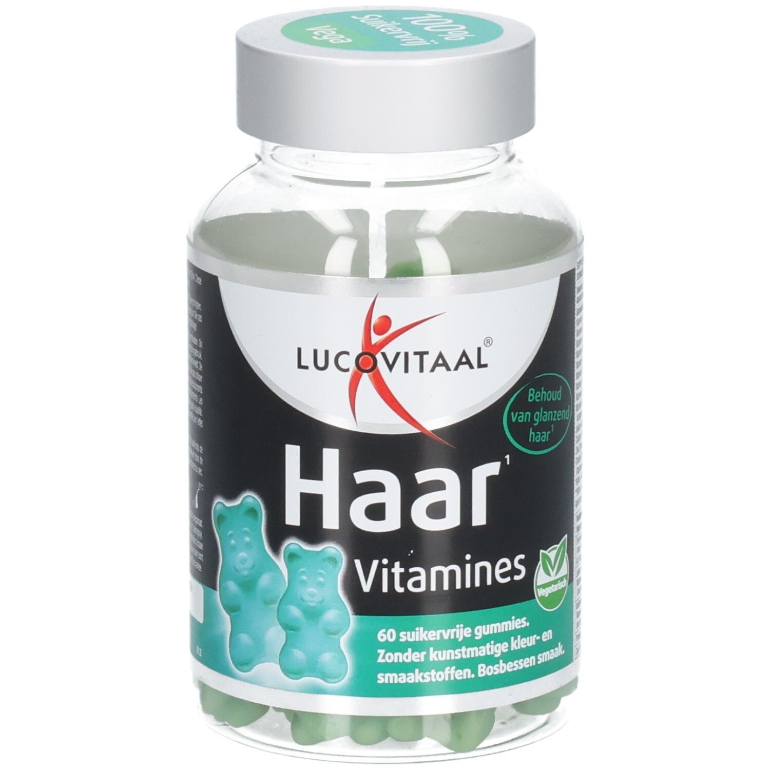 Transparante pot met groene gummies. Opschrift: Haar Vitaminen, Lucovitaal. 100% suikervrij, vegan.