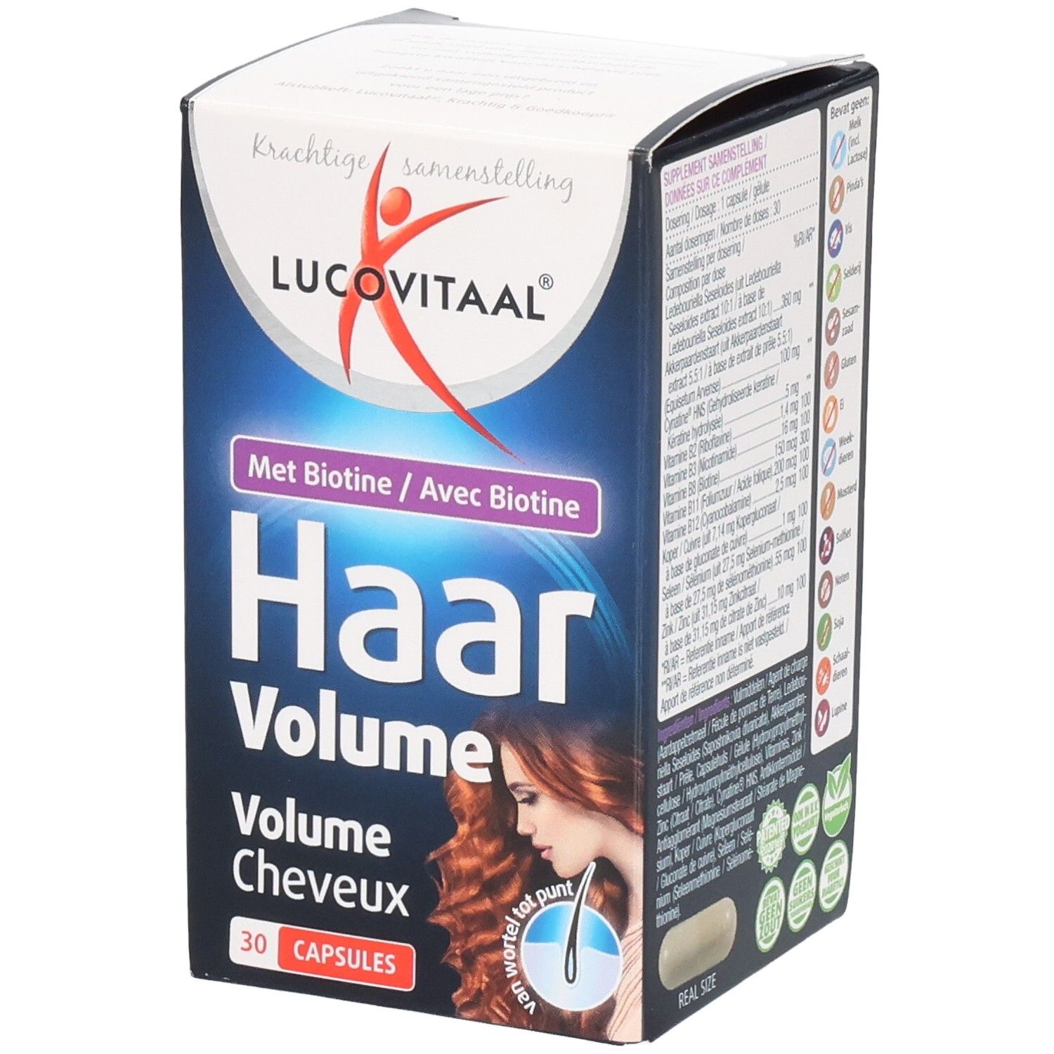Boîte en carton Lucovitaal Haar Volume. Face avant bleue avec nom du produit, image de femme et 30 capsules.