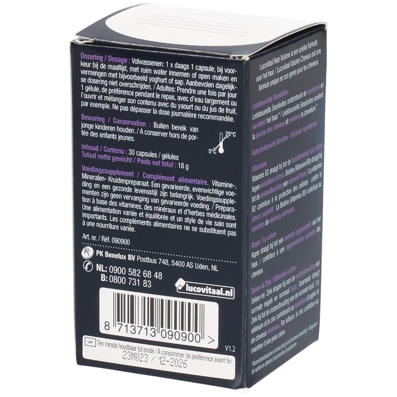 Dos de l'emballage Lucovitaal Haar Volume. Dosage, conservation, ingrédients et date de péremption.