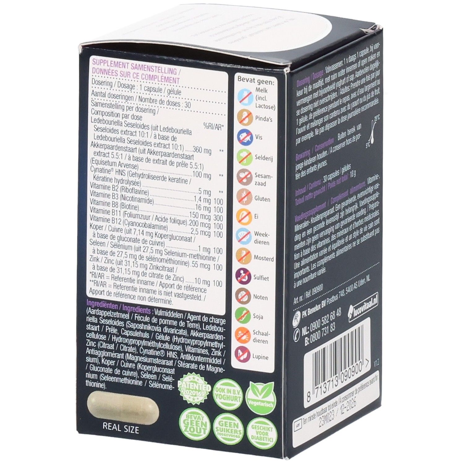 Dos de l'emballage Lucovitaal Haar Volume. Informations nutritionnelles, ingrédients et allergènes.