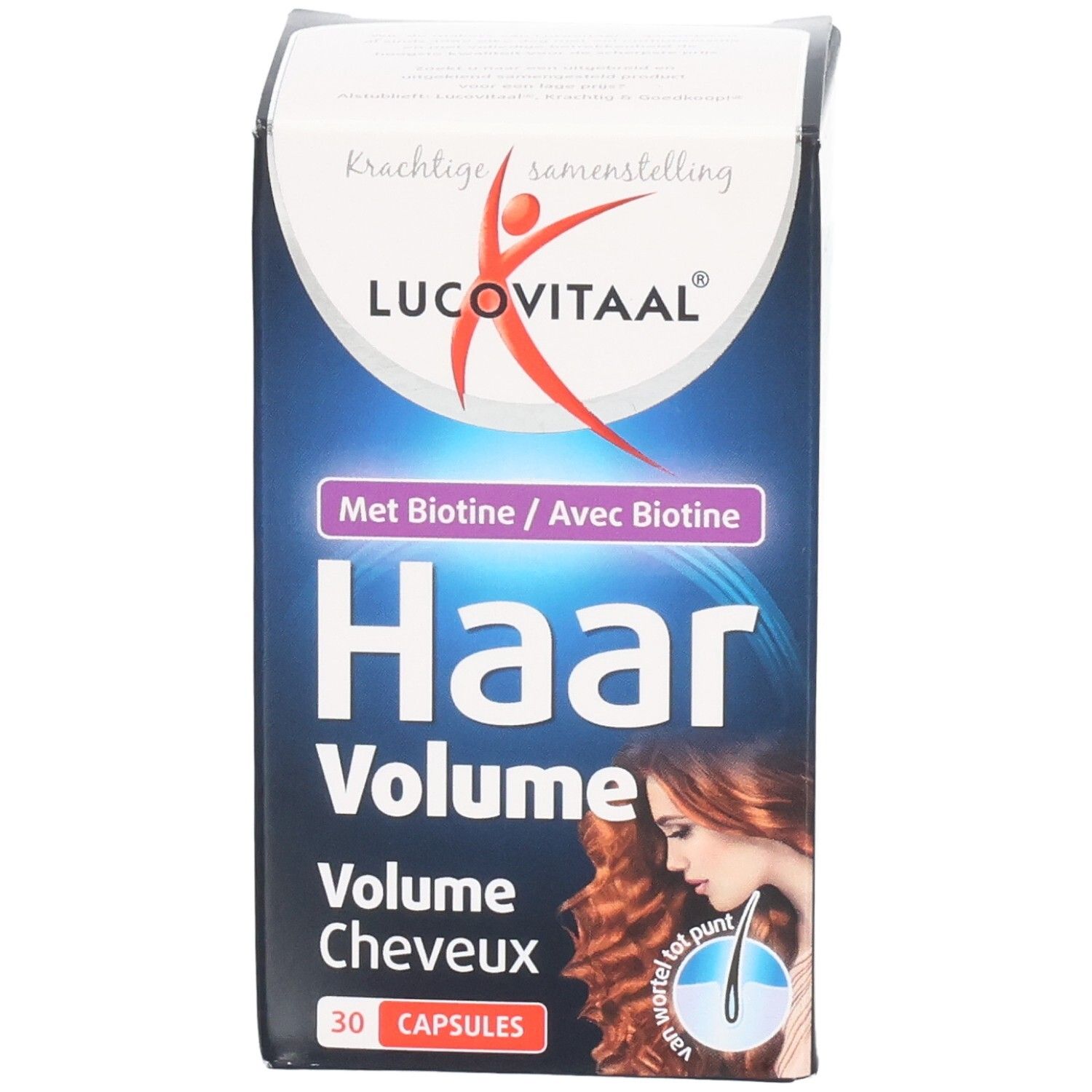 Face avant de l'emballage Lucovitaal Haar Volume. Nom du produit, image d'une femme et 30 capsules.