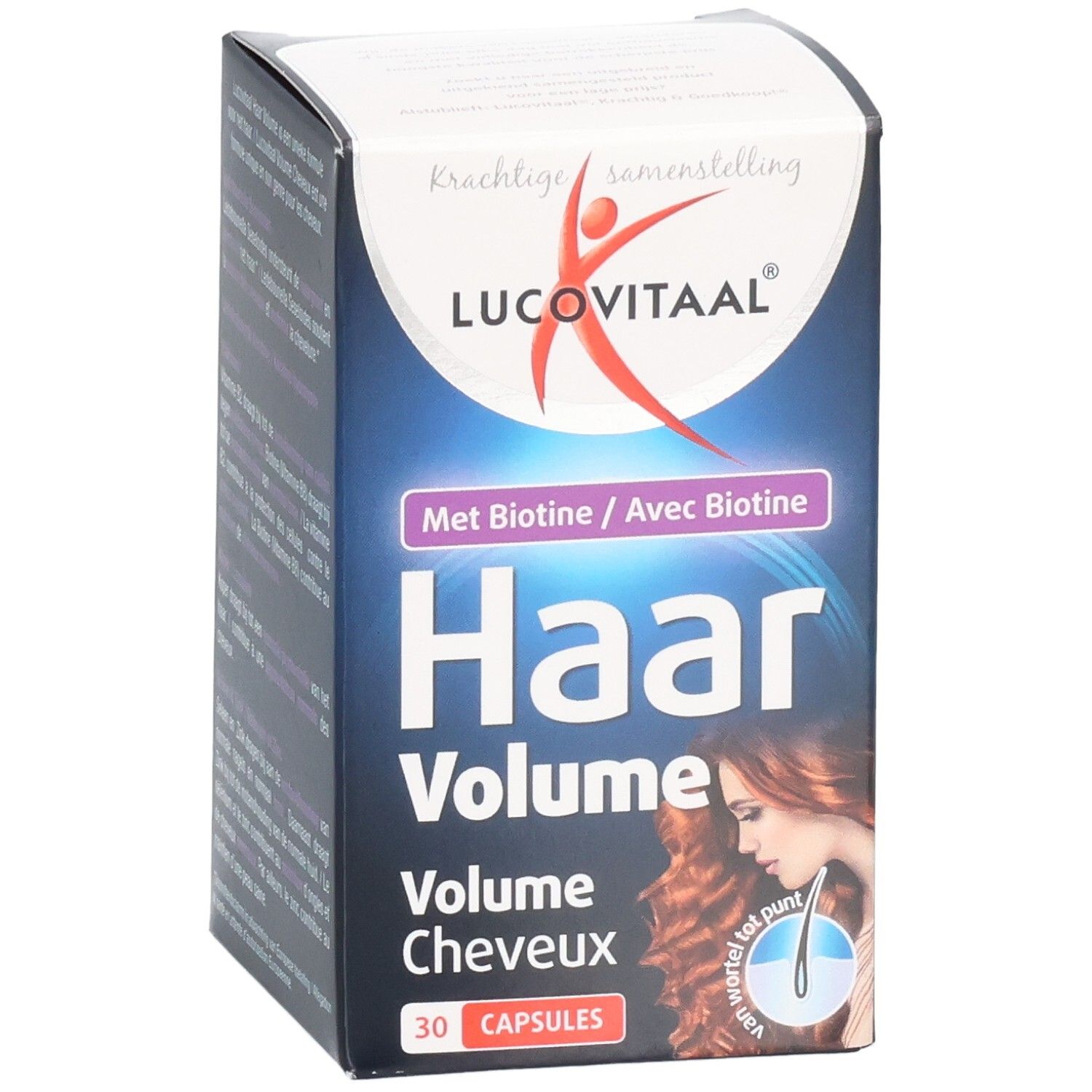 Face avant de l'emballage Lucovitaal Haar Volume. Nom du produit, image d'une femme et 30 capsules.