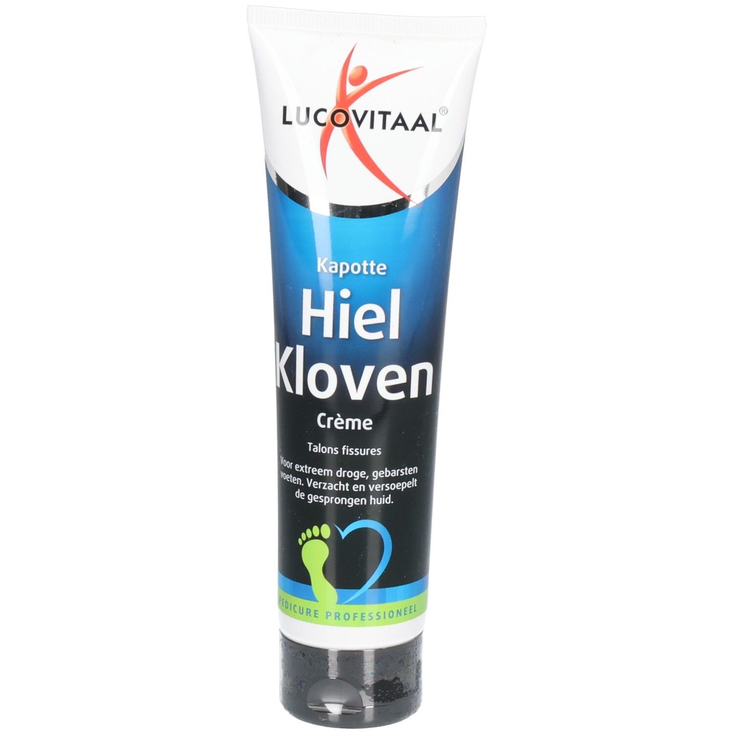 Tube met 'Hiel Kloven Crème'. Blauw-witte verpakking met logo en voetsymbool.