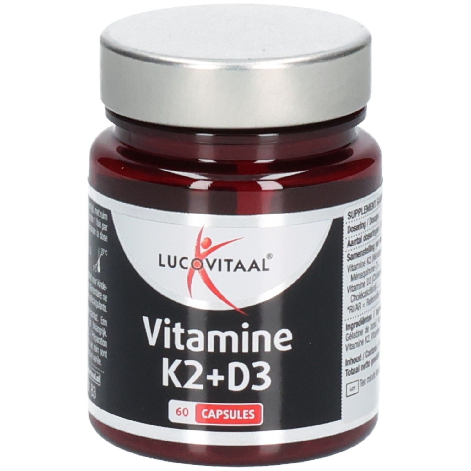 Bruine glazen fles met zilveren dop. Opschrift: Lucovitaal, Vitamine K2+D3, 60 capsules.