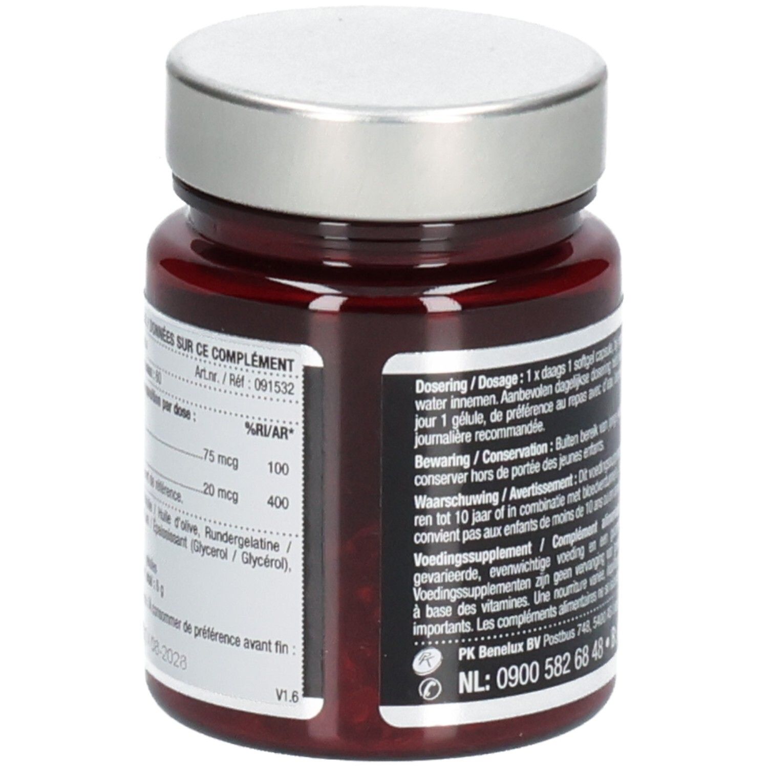 Bruine glazen fles met zilveren dop. Achterkant met tekst. Ingrediënten en dosering.