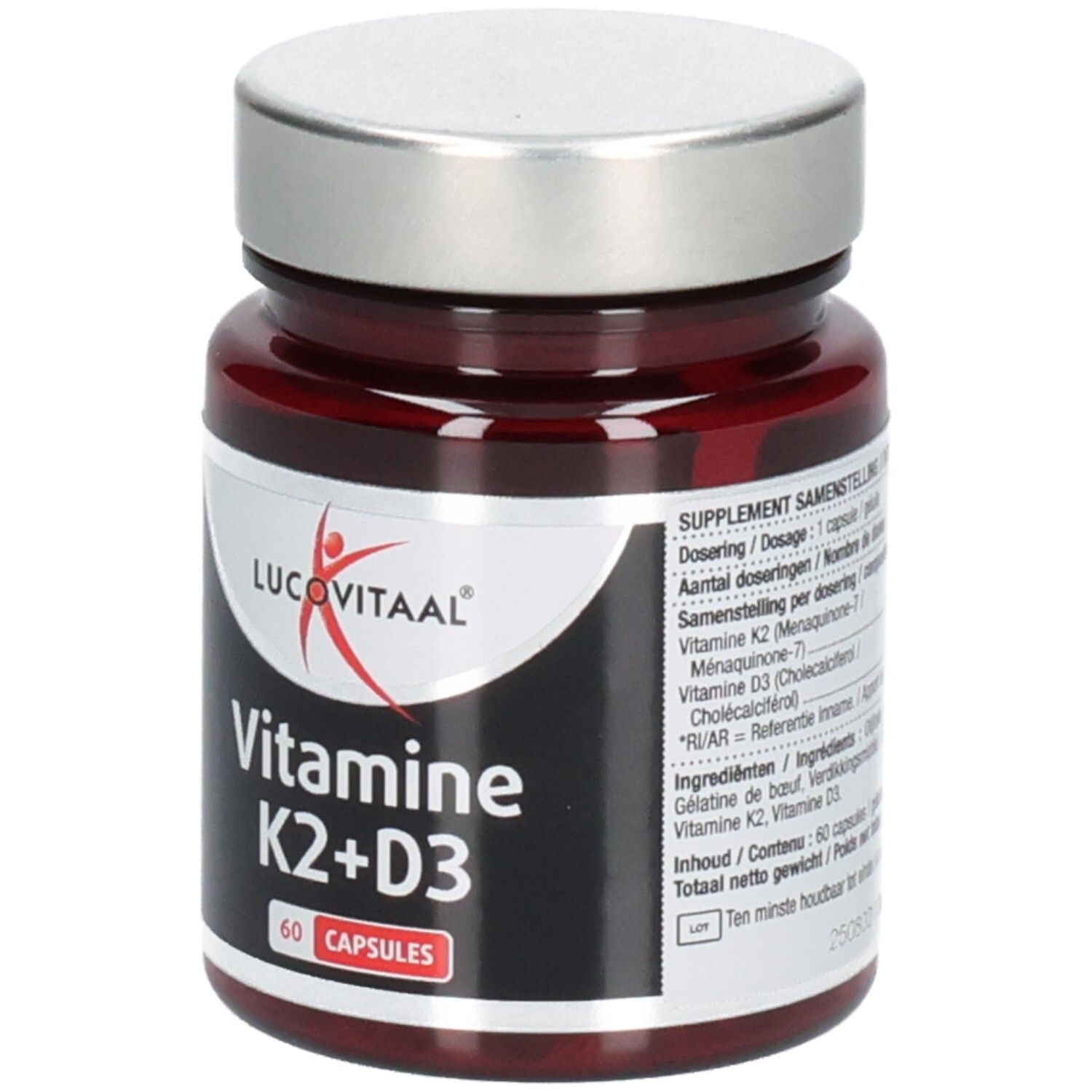 Bruine glazen fles met zilveren dop. Opschrift: Lucovitaal, Vitamine K2+D3, 60 capsules.