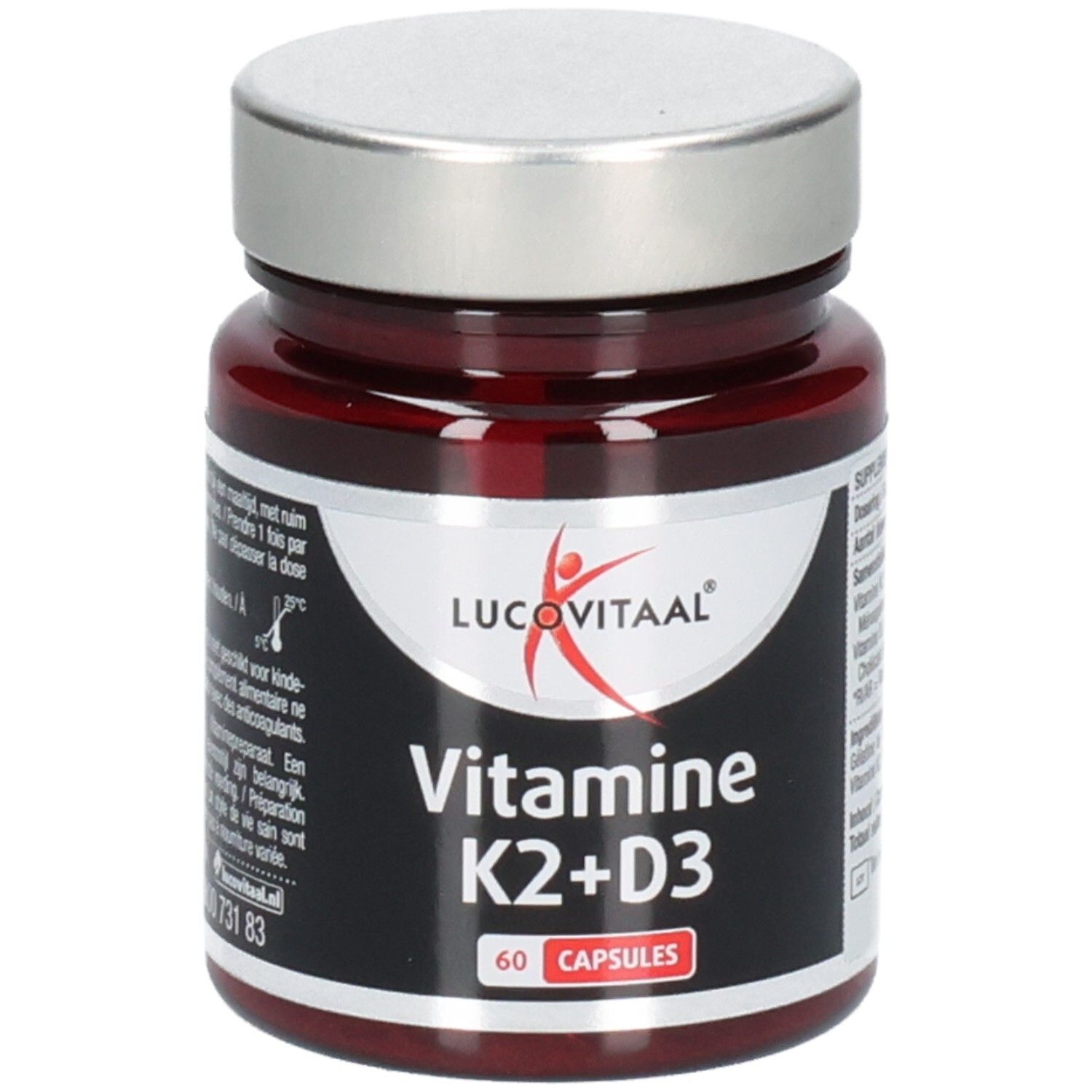 Bruine glazen fles met zilveren dop. Opschrift: Lucovitaal, Vitamine K2+D3, 60 capsules.