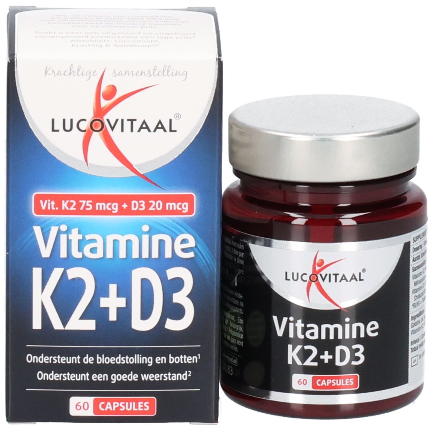Productverpakking en fles. Opschrift: Lucovitaal, Vitamine K2+D3, 60 capsules. Doos met tekst.