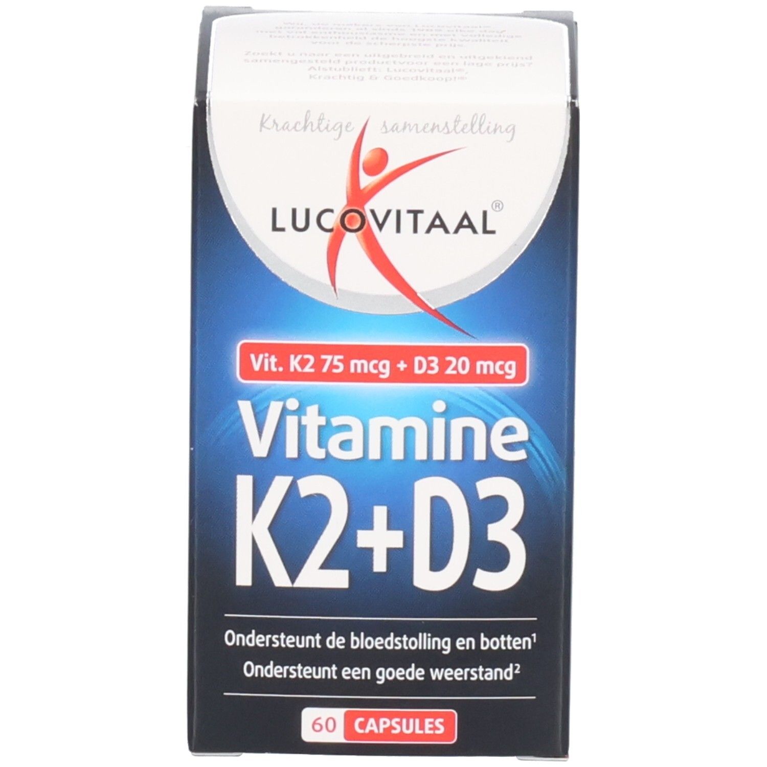 Productverpakking. Opschrift: Lucovitaal, Vitamine K2+D3, 60 capsules. Doos met tekst.