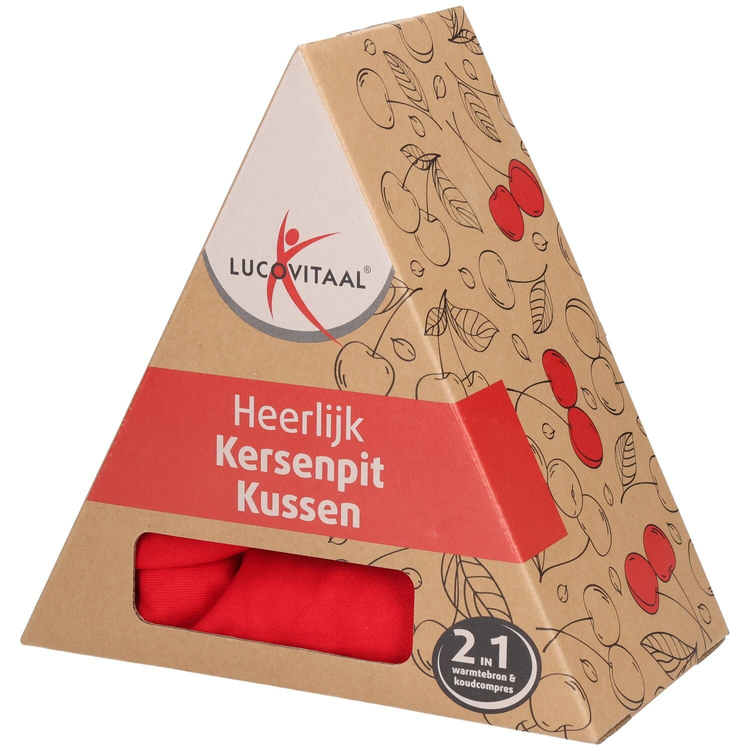 Driehoekige verpakking met rood kussen. Opschrift: Lucovitaal, Heerlijk Kersenpit Kussen. Kersenpatroon.