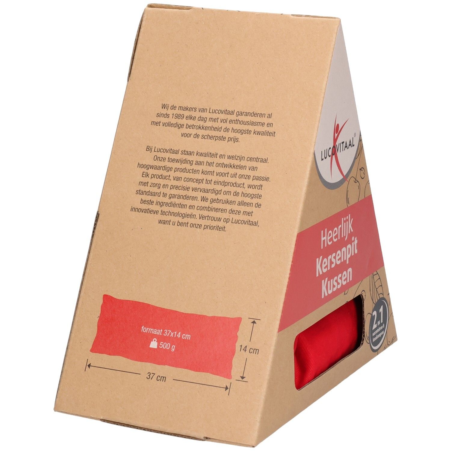 Rood kussen in driehoekige verpakking. Opschrift: Heerlijk Kersenpit Kussen. Afmetingen: 37x14 cm, 500 g.