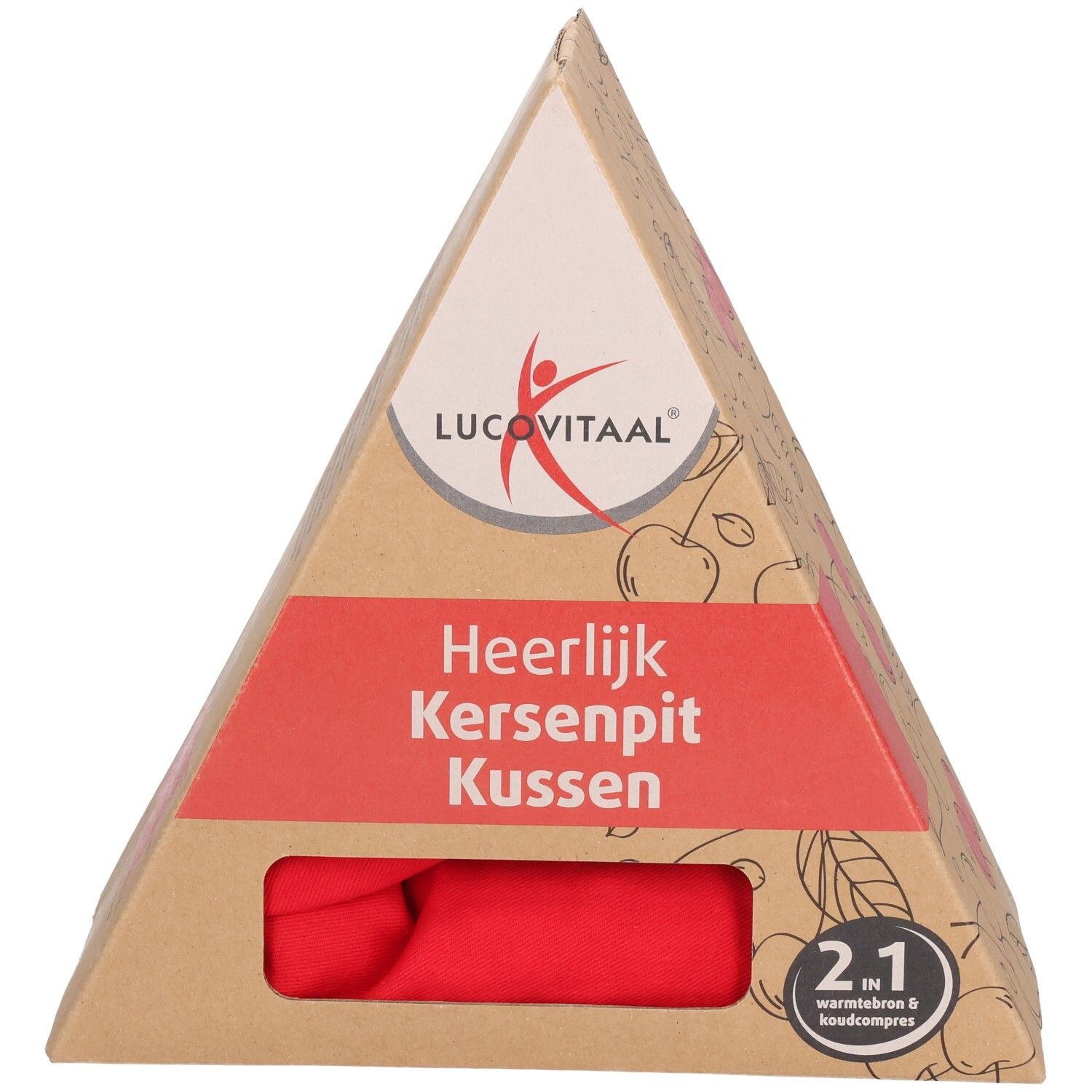 Driehoekige verpakking met rood kussen. Opschrift: Lucovitaal, Heerlijk Kersenpit Kussen.
