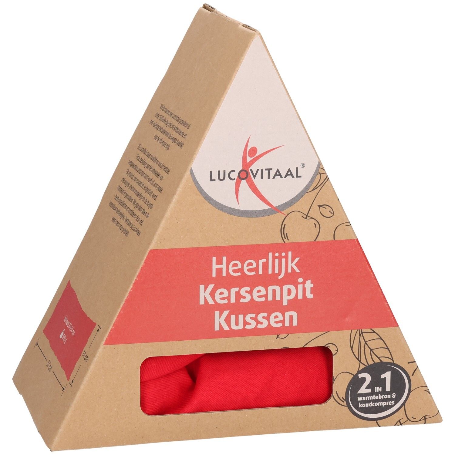 Driehoekige verpakking met rood kussen. Opschrift: Heerlijk Kersenpit Kussen. Afmetingen: 37x14 cm.
