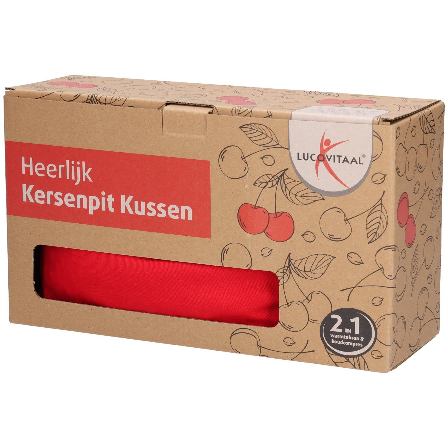 Rood kussen in bruine verpakking. Opschrift: Heerlijk Kersenpit Kussen. Logo Lucovitaal.