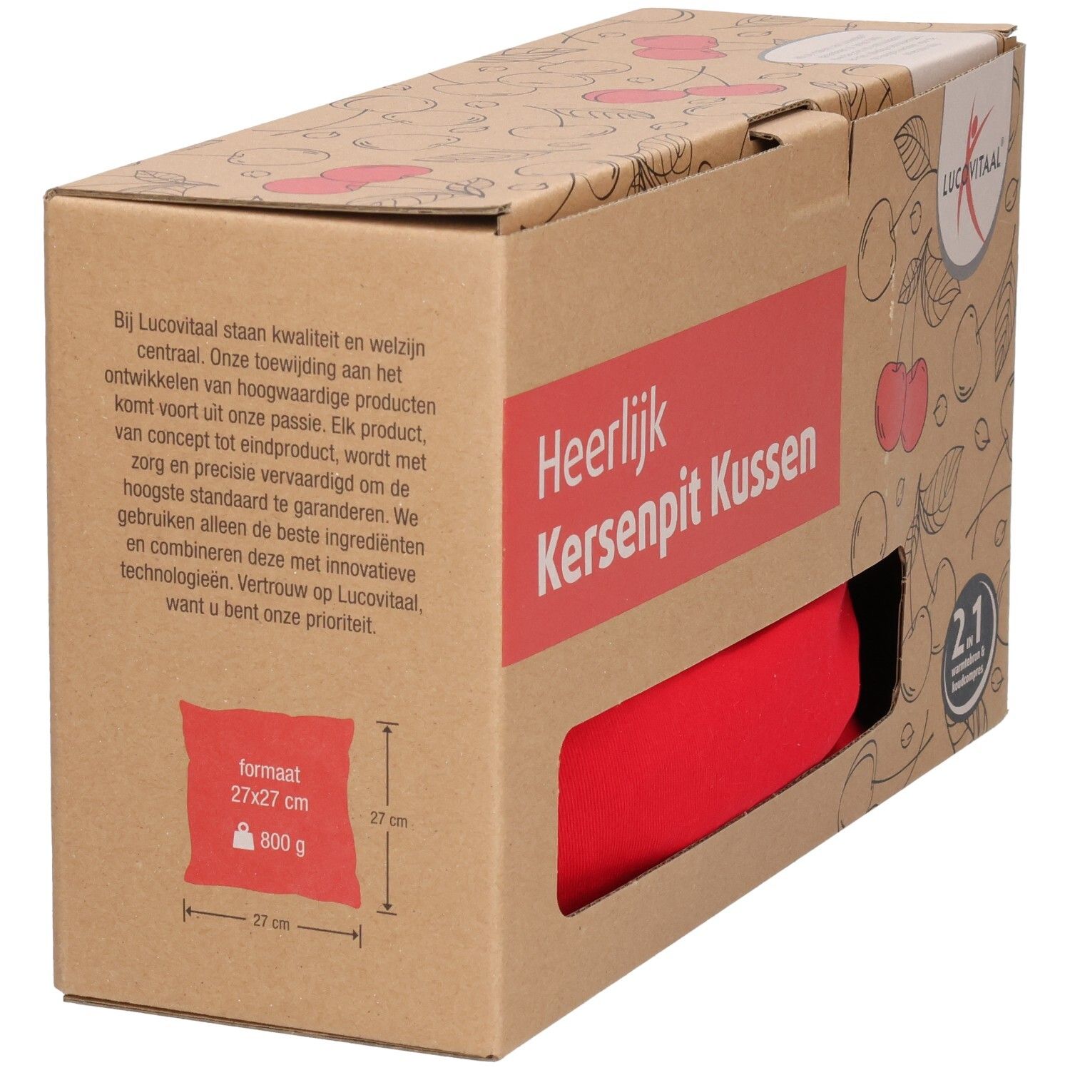 Bruine verpakking met rood kussen. Opschrift: Heerlijk Kersenpit Kussen. Afmetingen: 27x27 cm, 500 g.