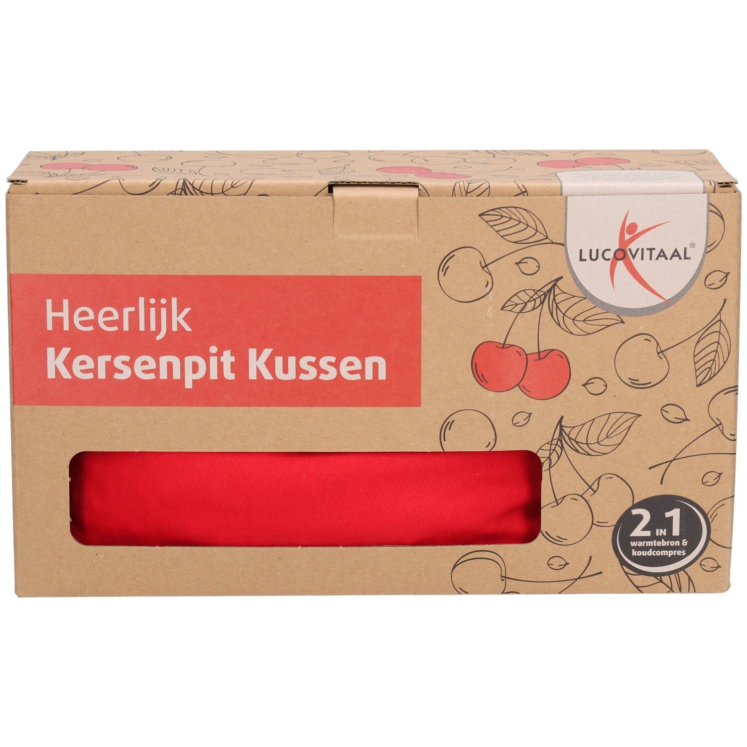Rood kussen in bruine verpakking. Opschrift: Heerlijk Kersenpit Kussen. Logo Lucovitaal. 2-in-1 kompres.